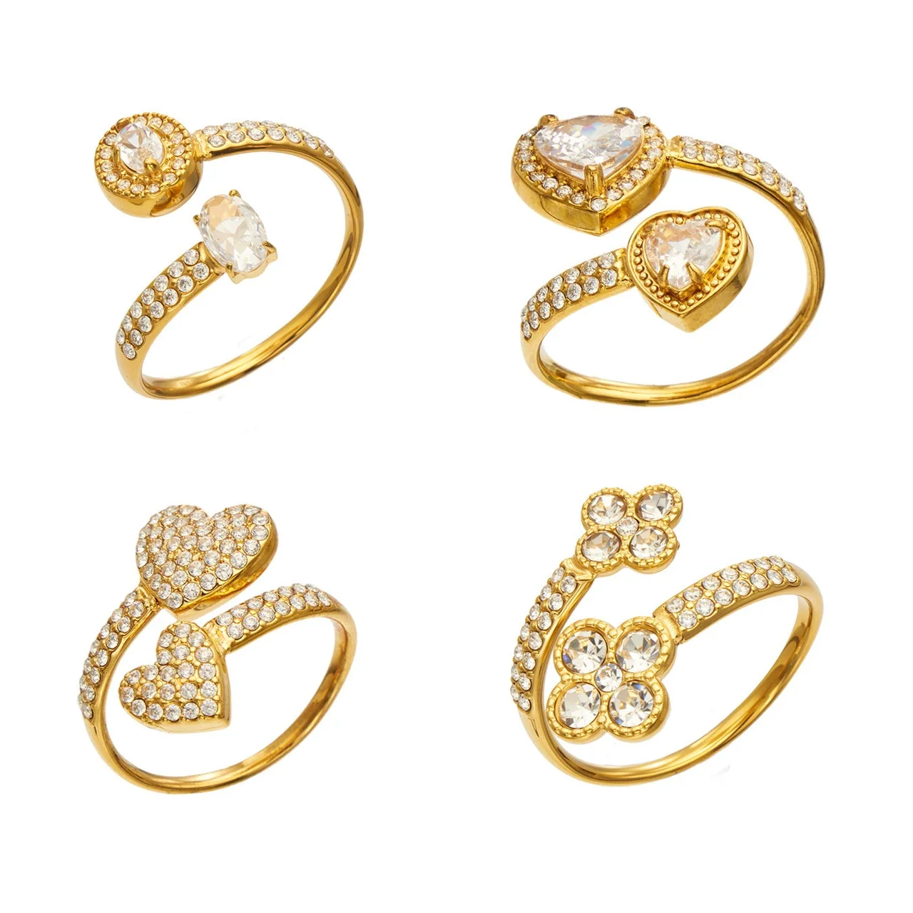 Open ring met pavé hart of bloem van zirkonia, roestvrij staal