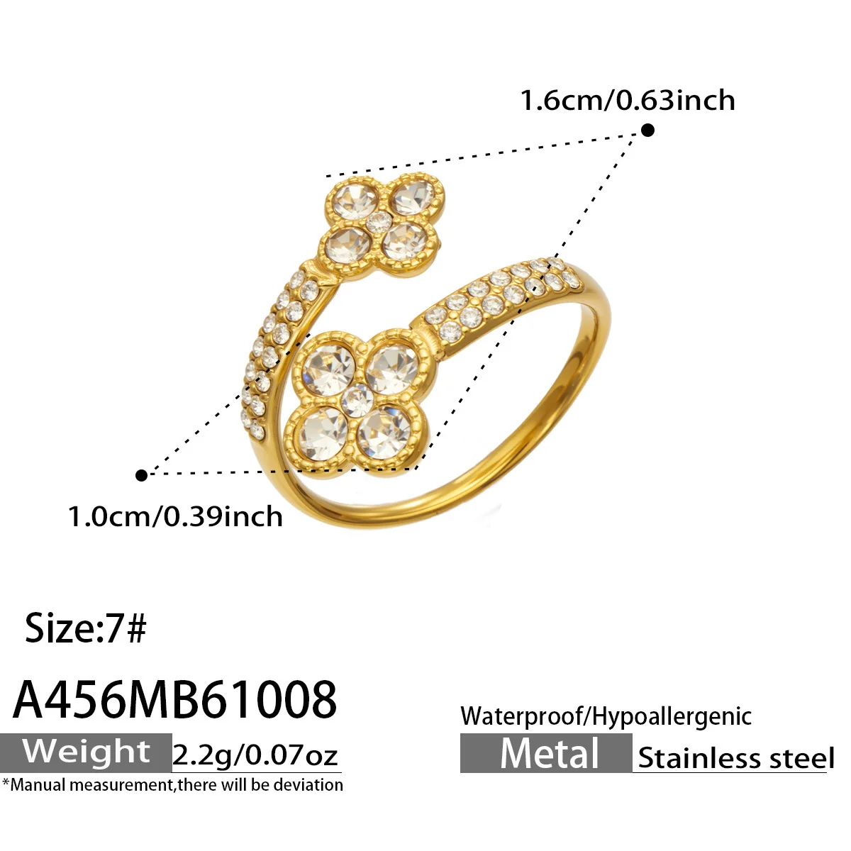 Open ring met pavé hart of bloem van zirkonia, roestvrij staal productfoto