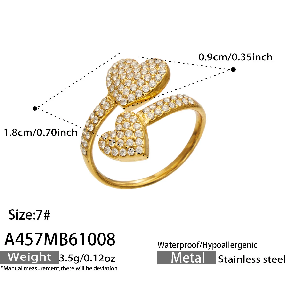 Open ring met pavé hart of bloem van zirkonia, roestvrij staal productfoto