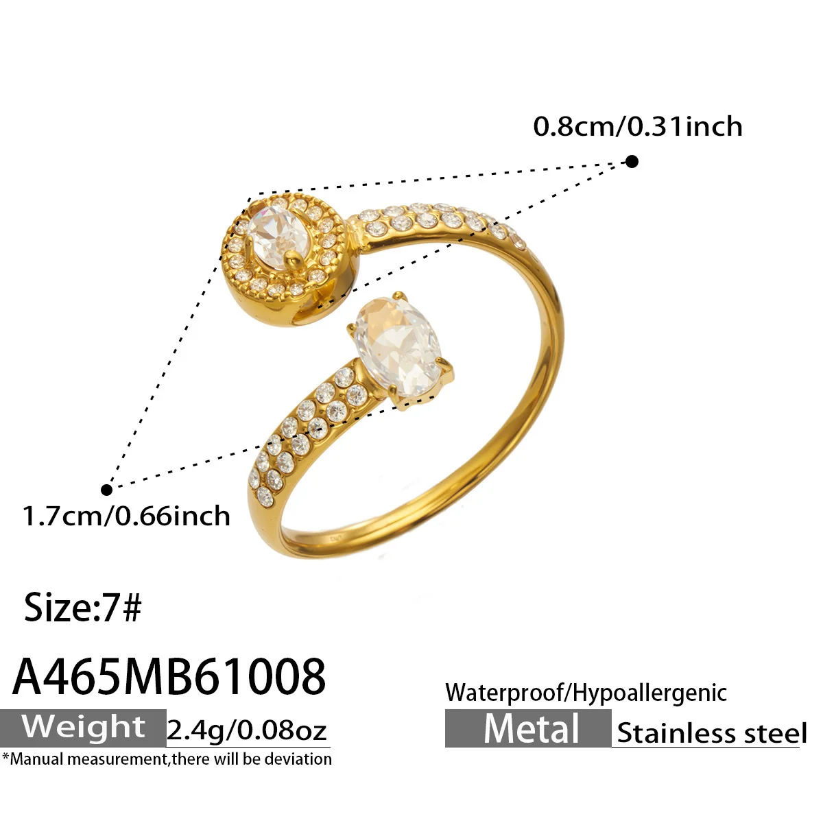 Open ring met pavé hart of bloem van zirkonia, roestvrij staal productfoto