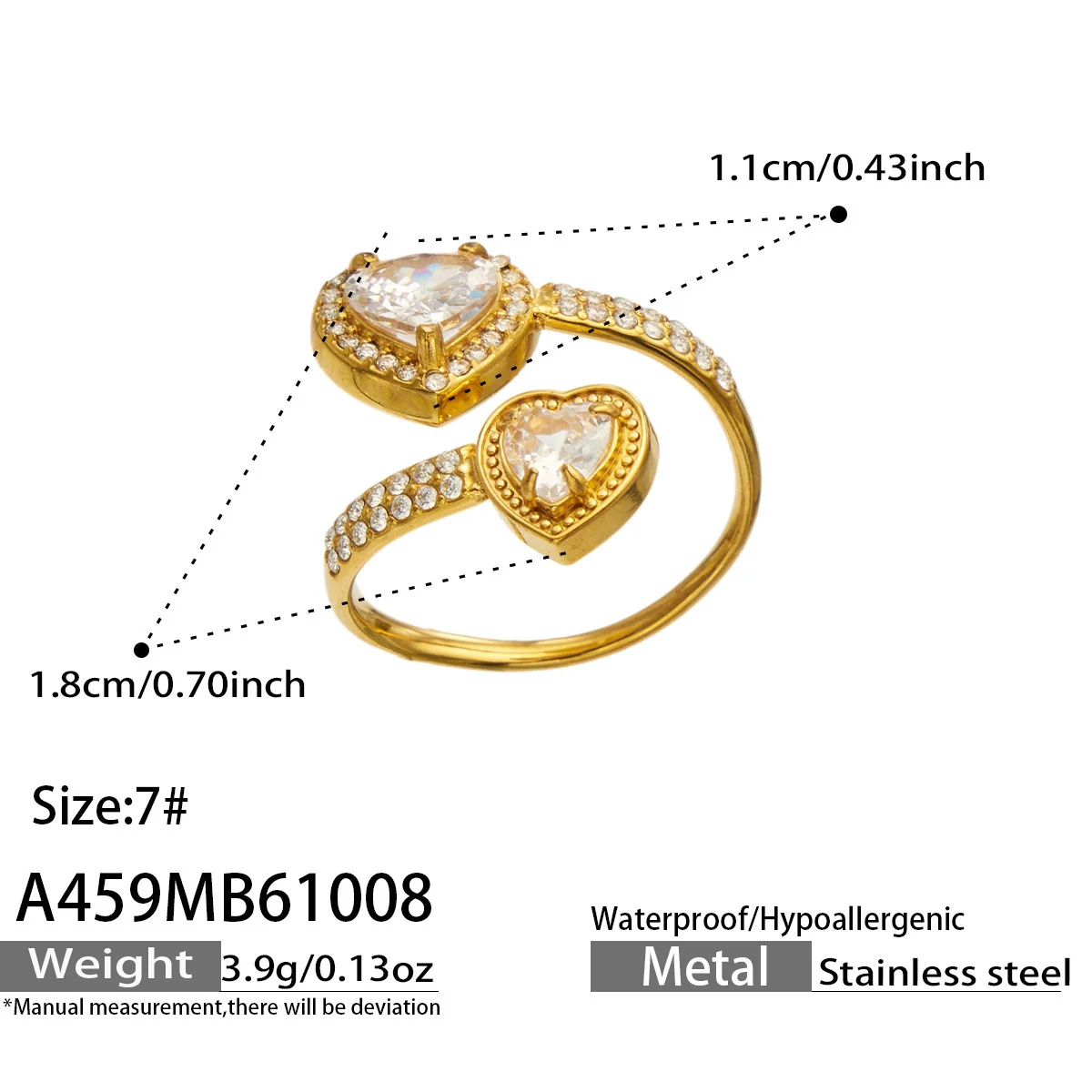 Open ring met pavé hart of bloem van zirkonia, roestvrij staal productfoto