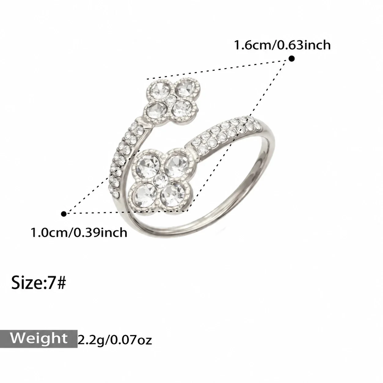 Open ring met pavé hart of bloem van zirkonia, roestvrij staal productfoto
