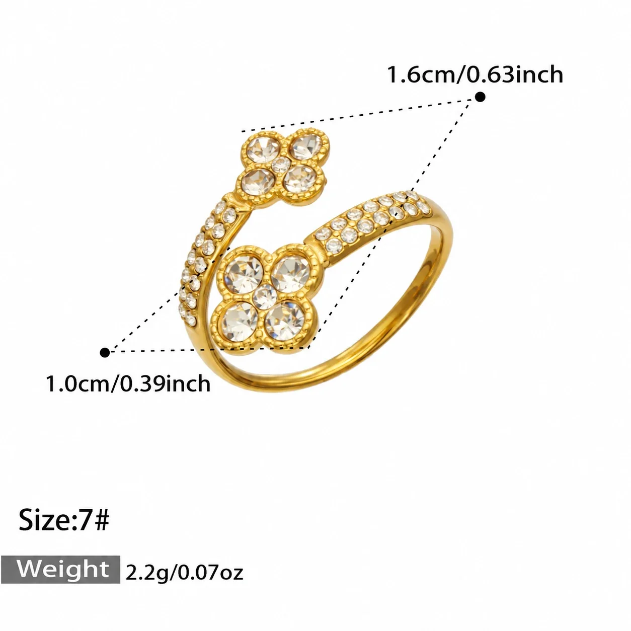 Open ring met pavé hart of bloem van zirkonia, roestvrij staal productfoto