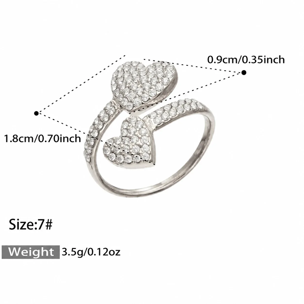 Open ring met pavé hart of bloem van zirkonia, roestvrij staal productfoto