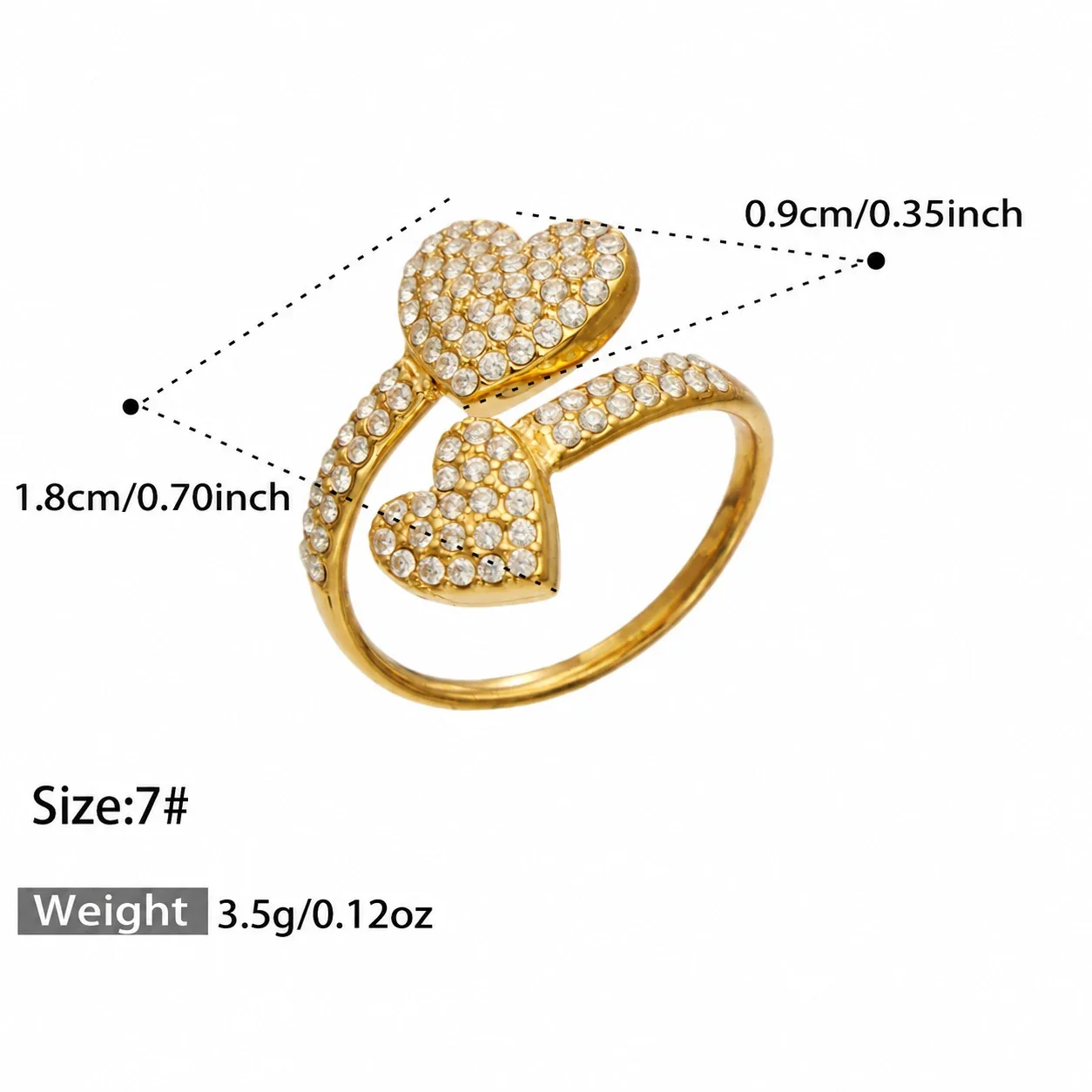 Open ring met pavé hart of bloem van zirkonia, roestvrij staal productfoto