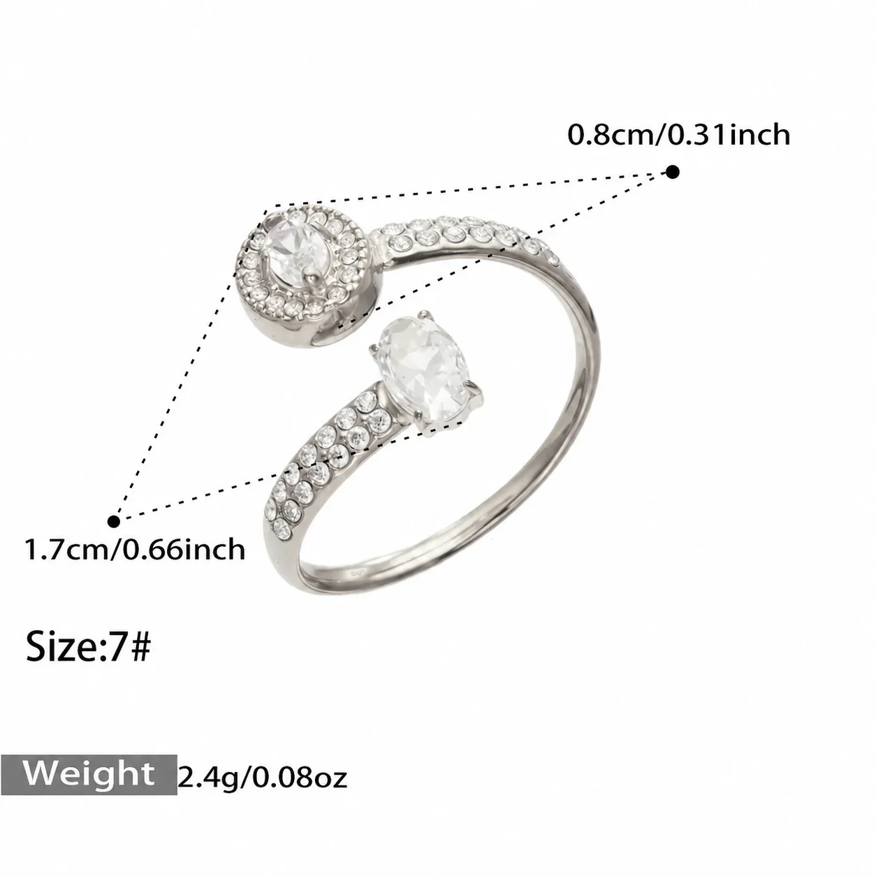Open ring met pavé hart of bloem van zirkonia, roestvrij staal productfoto