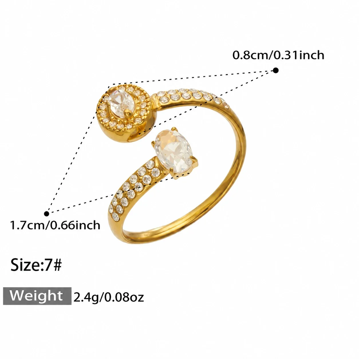 Open ring met pavé hart of bloem van zirkonia, roestvrij staal productfoto