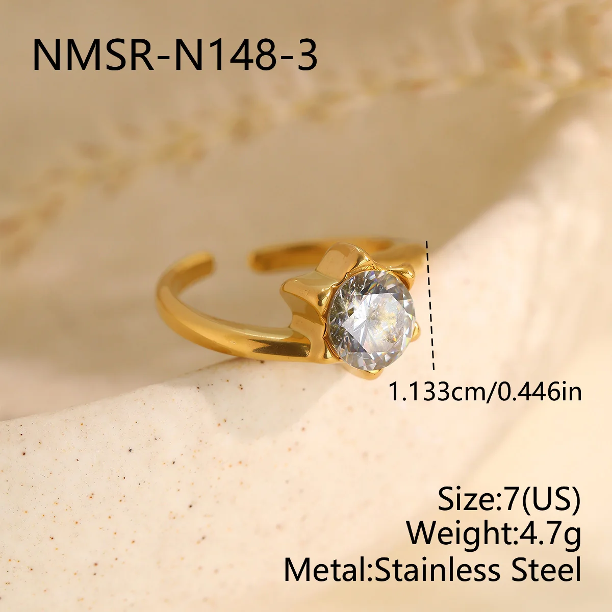Open ring met sterzetting en rond kristal, verguld staal productfoto