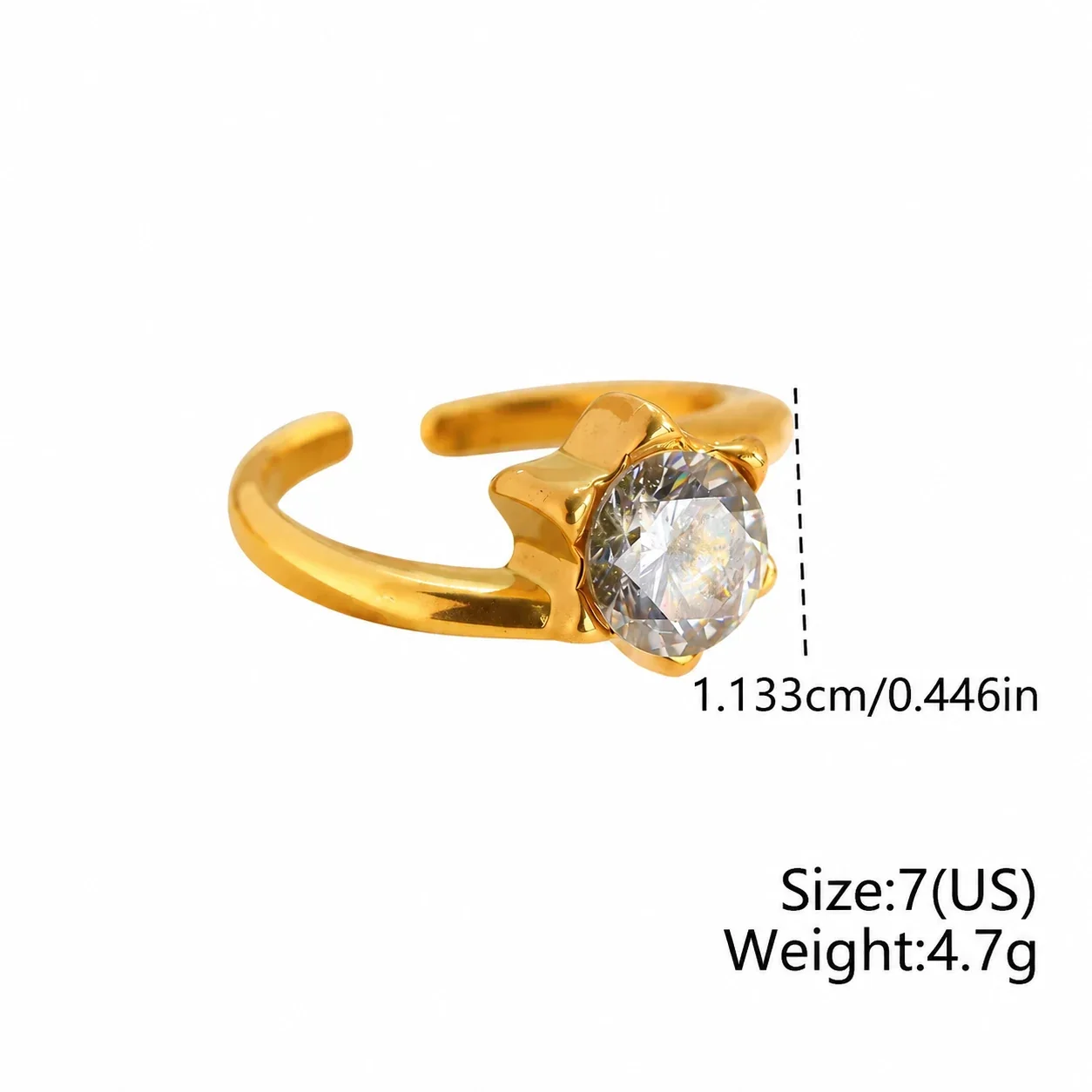 Open ring met sterzetting en rond kristal, verguld staal productfoto