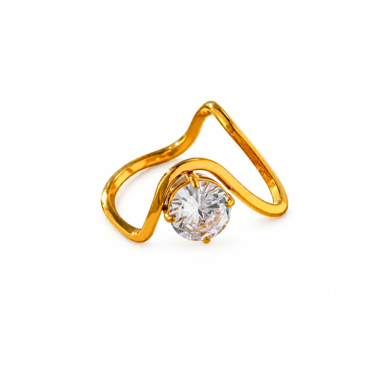 Stainless Steel Ring with Wavy Open Band and Round CZ