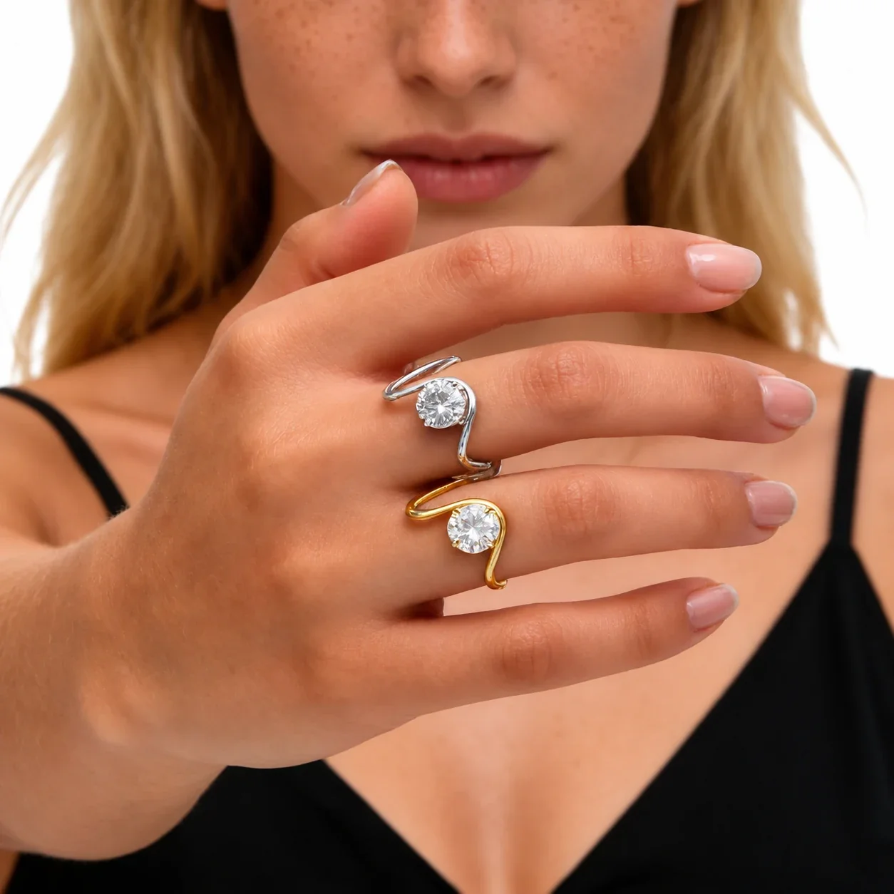 Stainless Steel Ring with Wavy Open Band and Round CZ