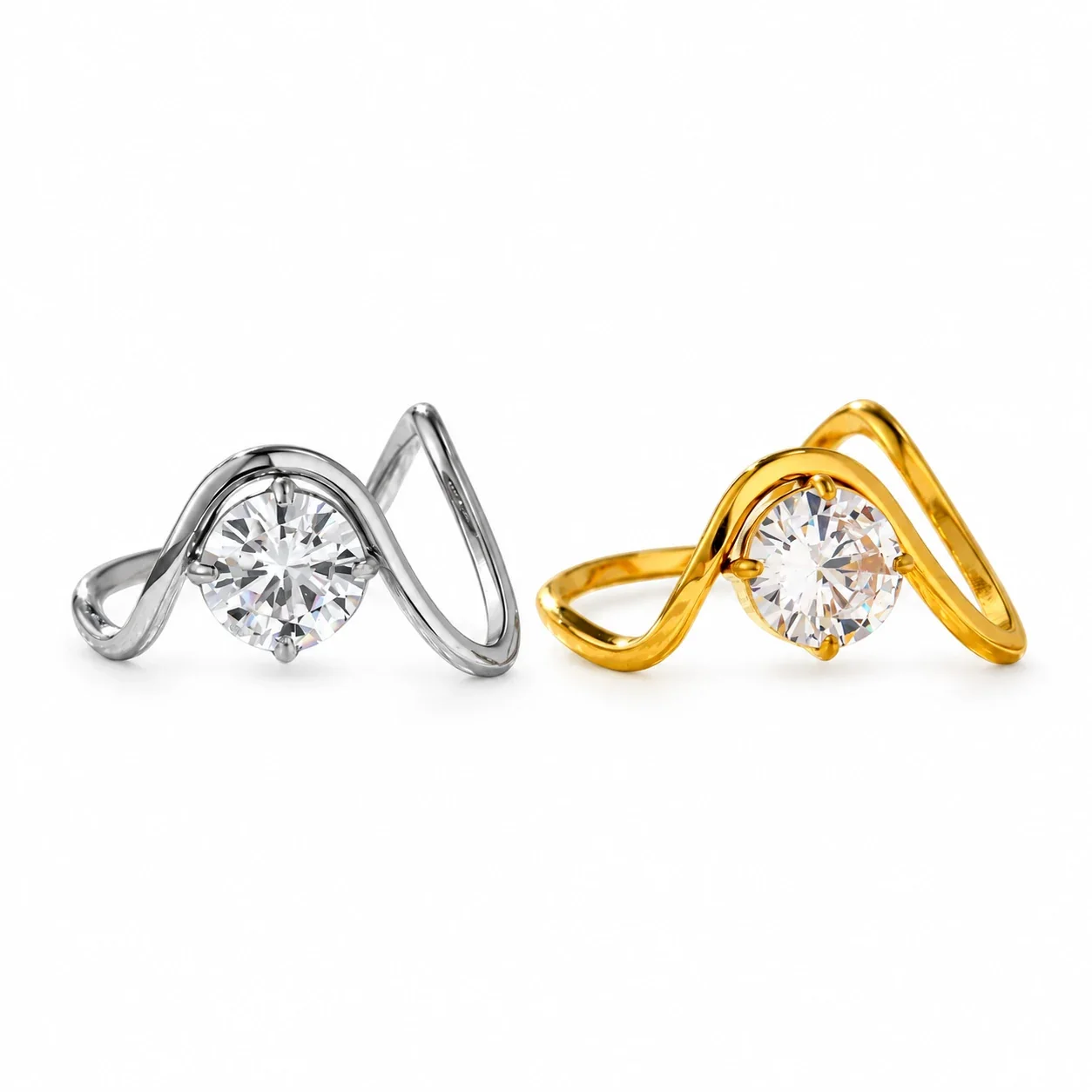 Stainless Steel Ring with Wavy Open Band and Round CZ
