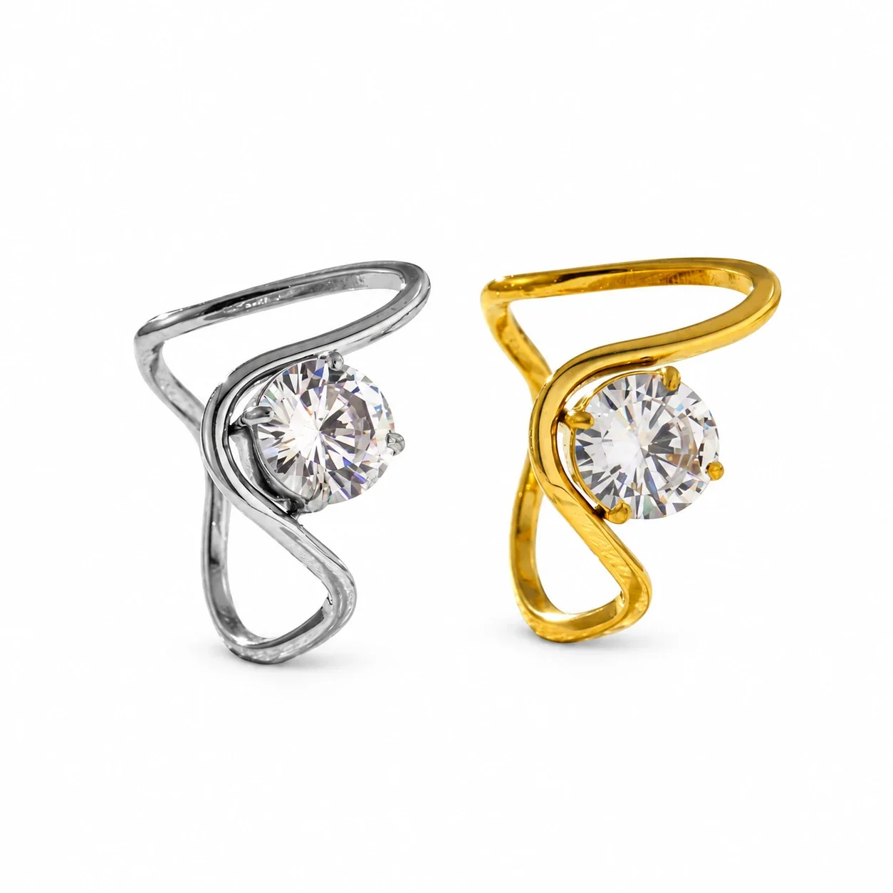 Stainless Steel Ring with Wavy Open Band and Round CZ