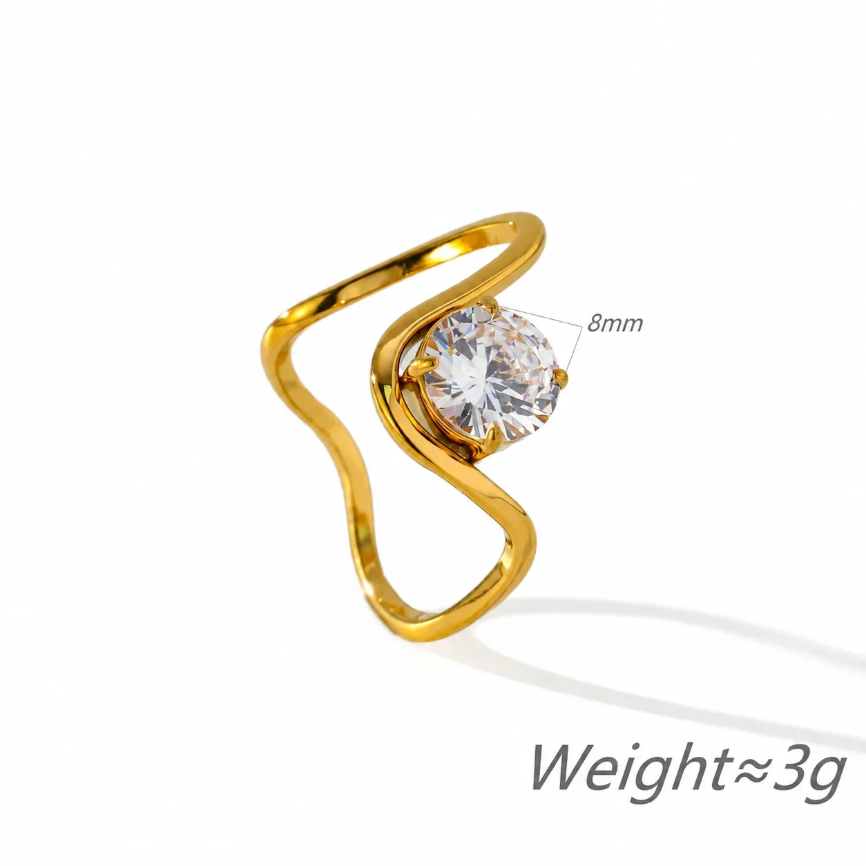Stainless Steel Ring with Wavy Open Band and Round CZ
