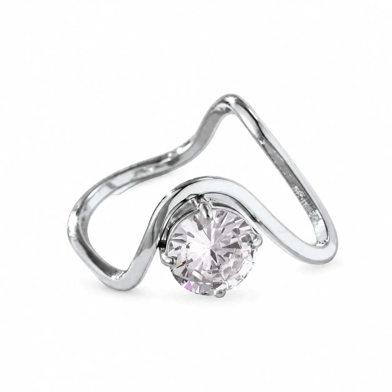 Stainless Steel Ring with Wavy Open Band and Round CZ - Silver Curved Round CZ