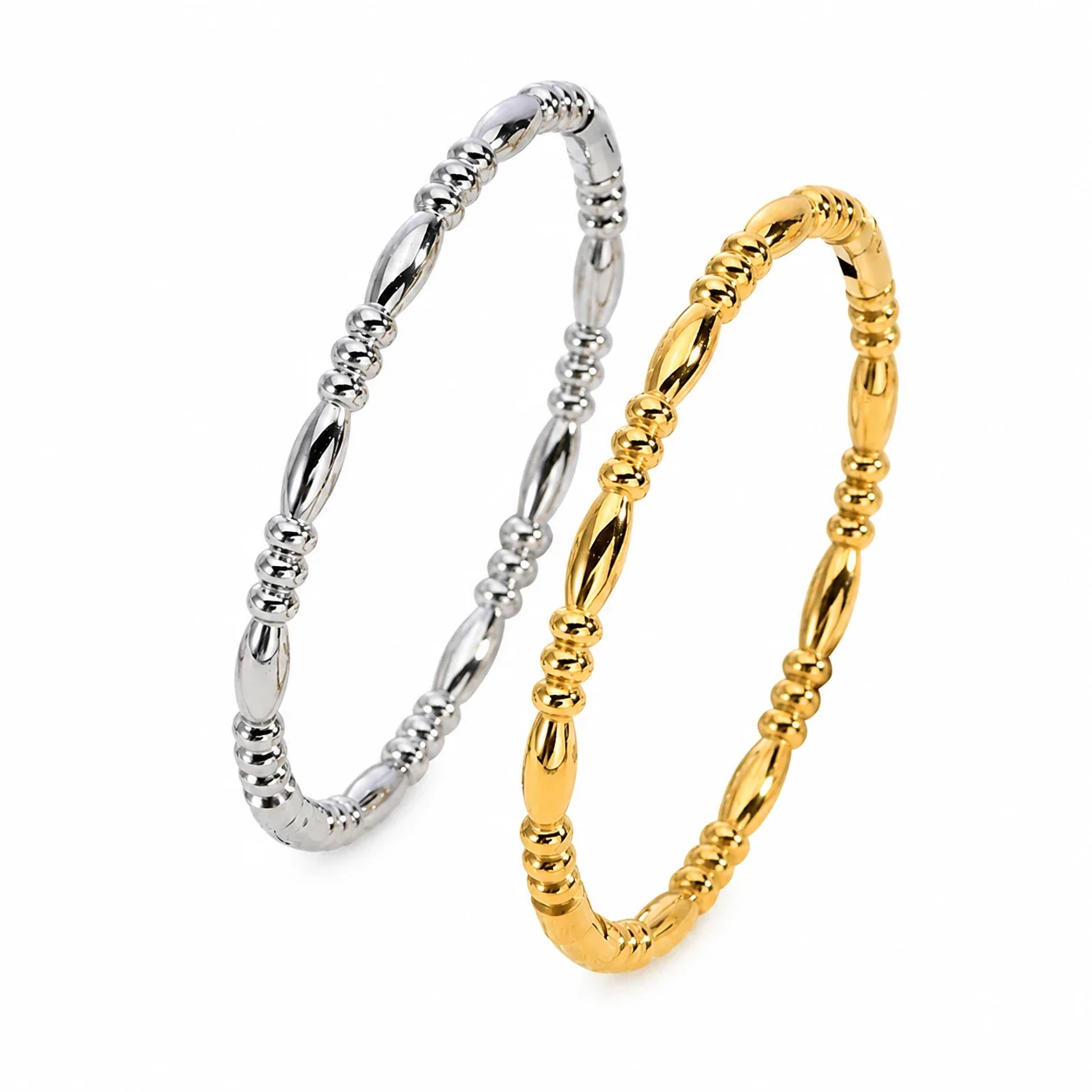 Bangle Bracelet Olive Barrel Beads 18K Gold PVD 316 Stainless Steel