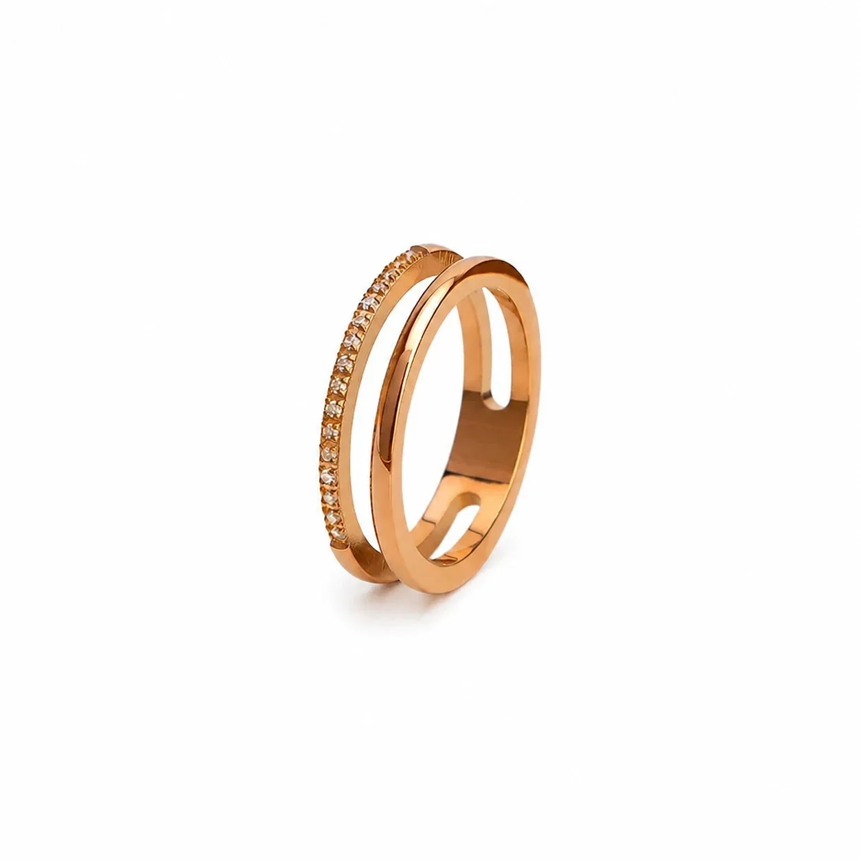 Sleek Rose Gold-Plated Split Band Pavé CZ Ring - Rose Gold