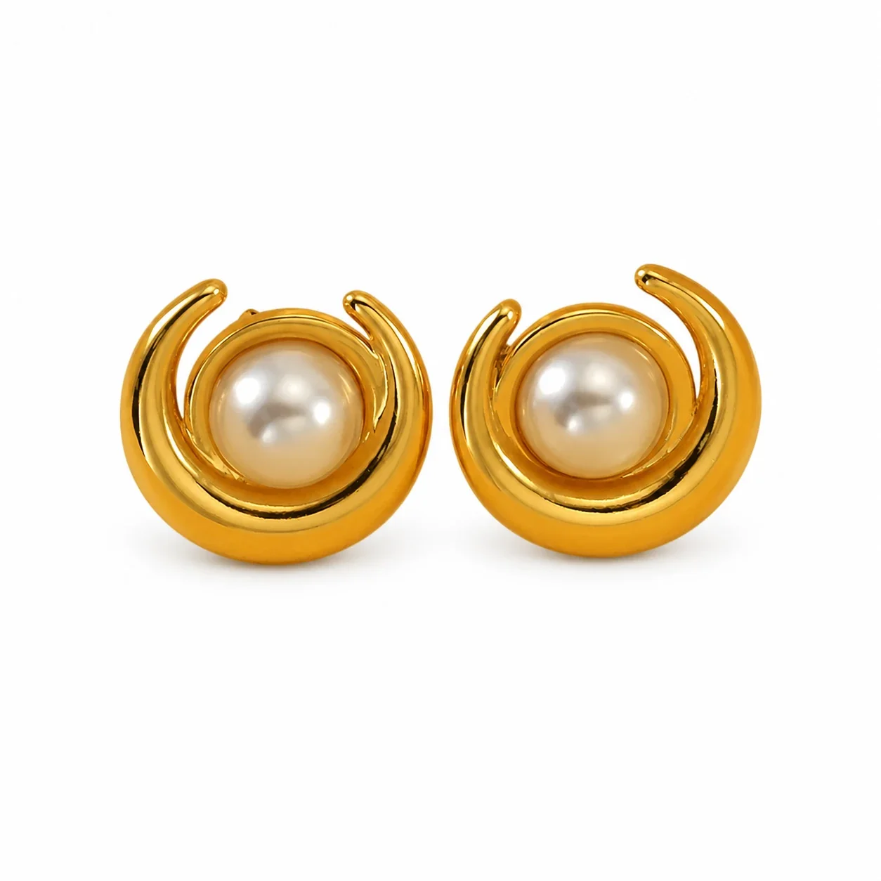 Sculptural Gold-Plated Crescent Pearl Stud Earrings