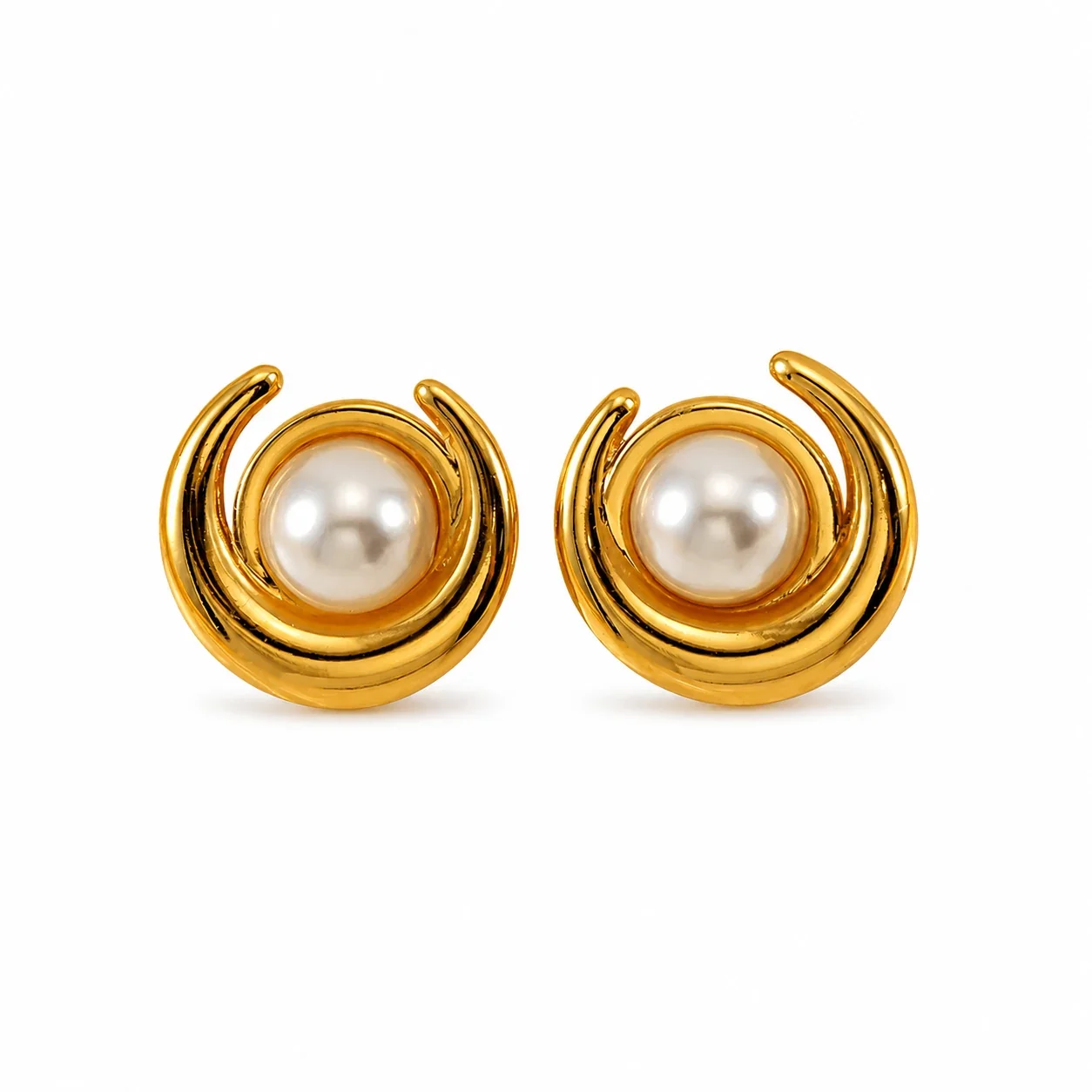 Sculptural Gold-Plated Crescent Pearl Stud Earrings