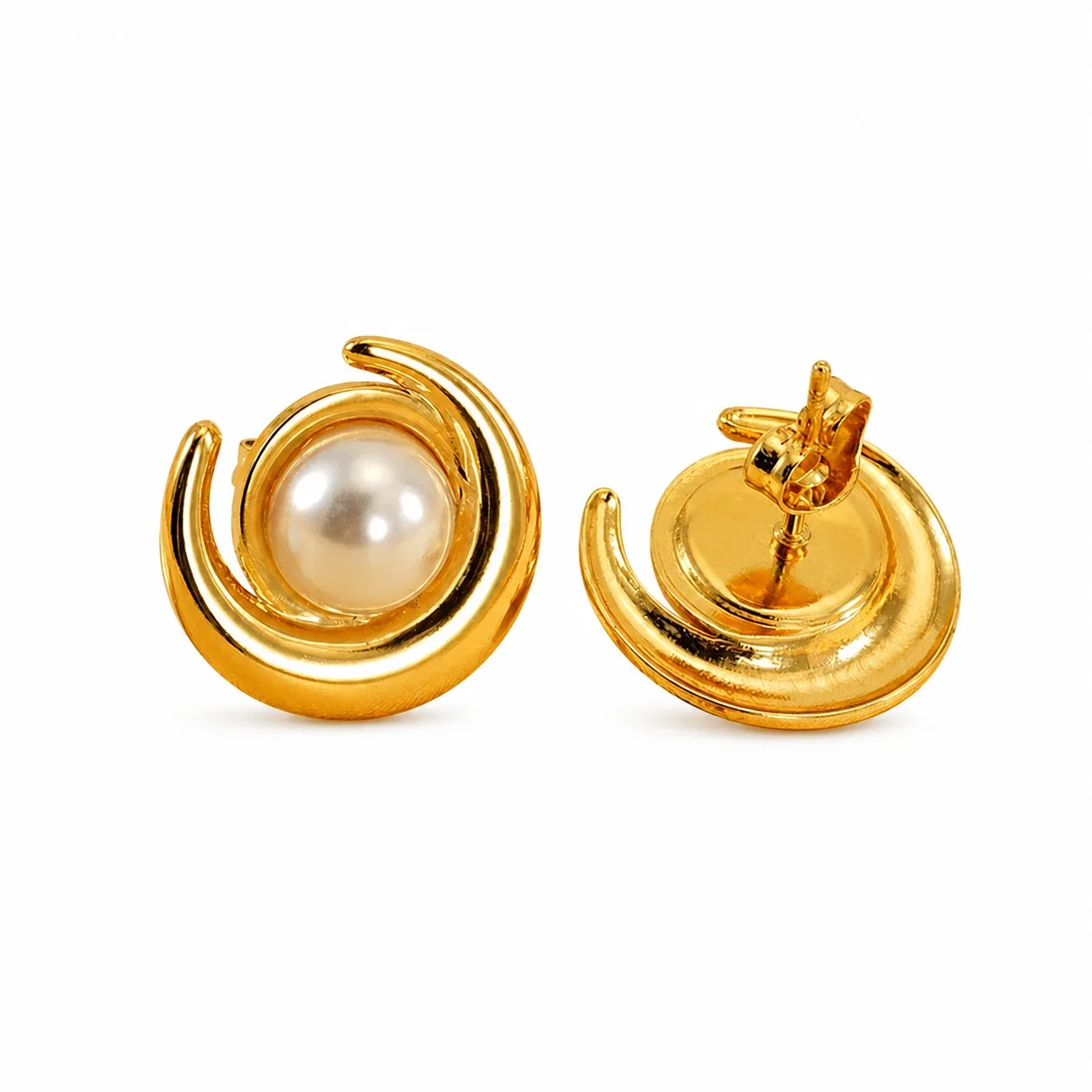 Sculptural Gold-Plated Crescent Pearl Stud Earrings
