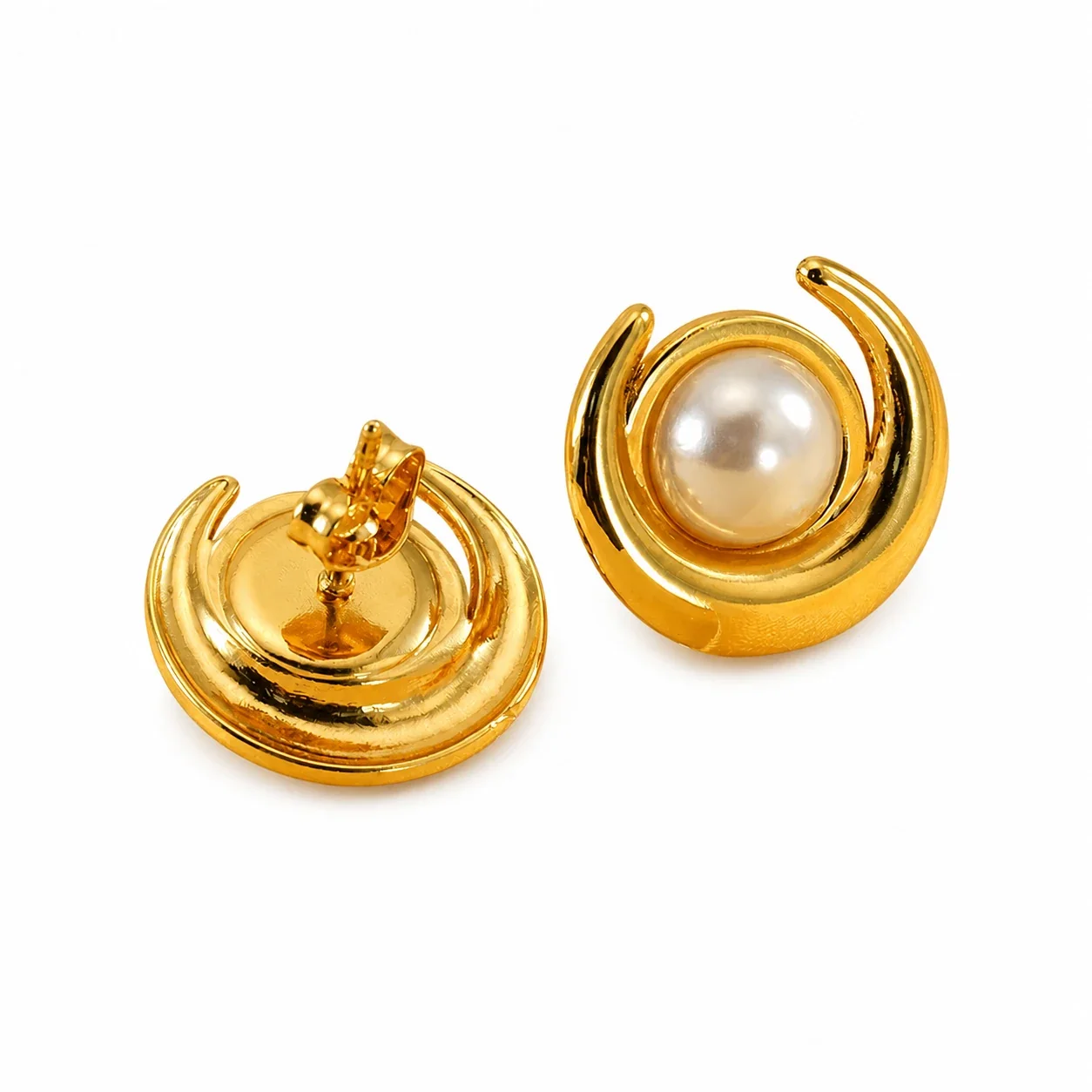 Sculptural Gold-Plated Crescent Pearl Stud Earrings