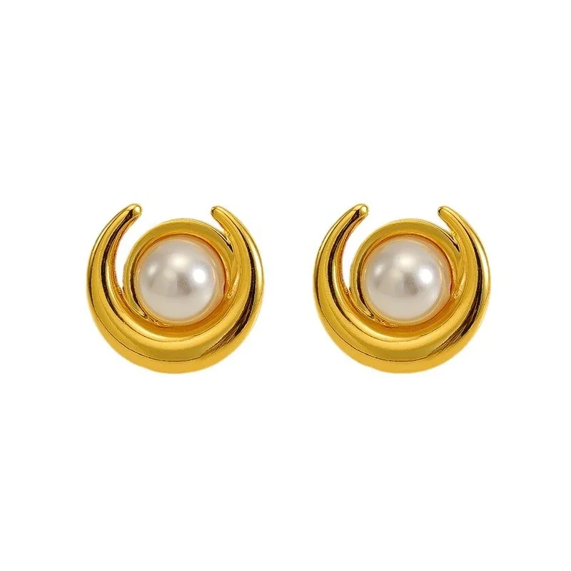 Sculptural Gold-Plated Crescent Pearl Stud Earrings