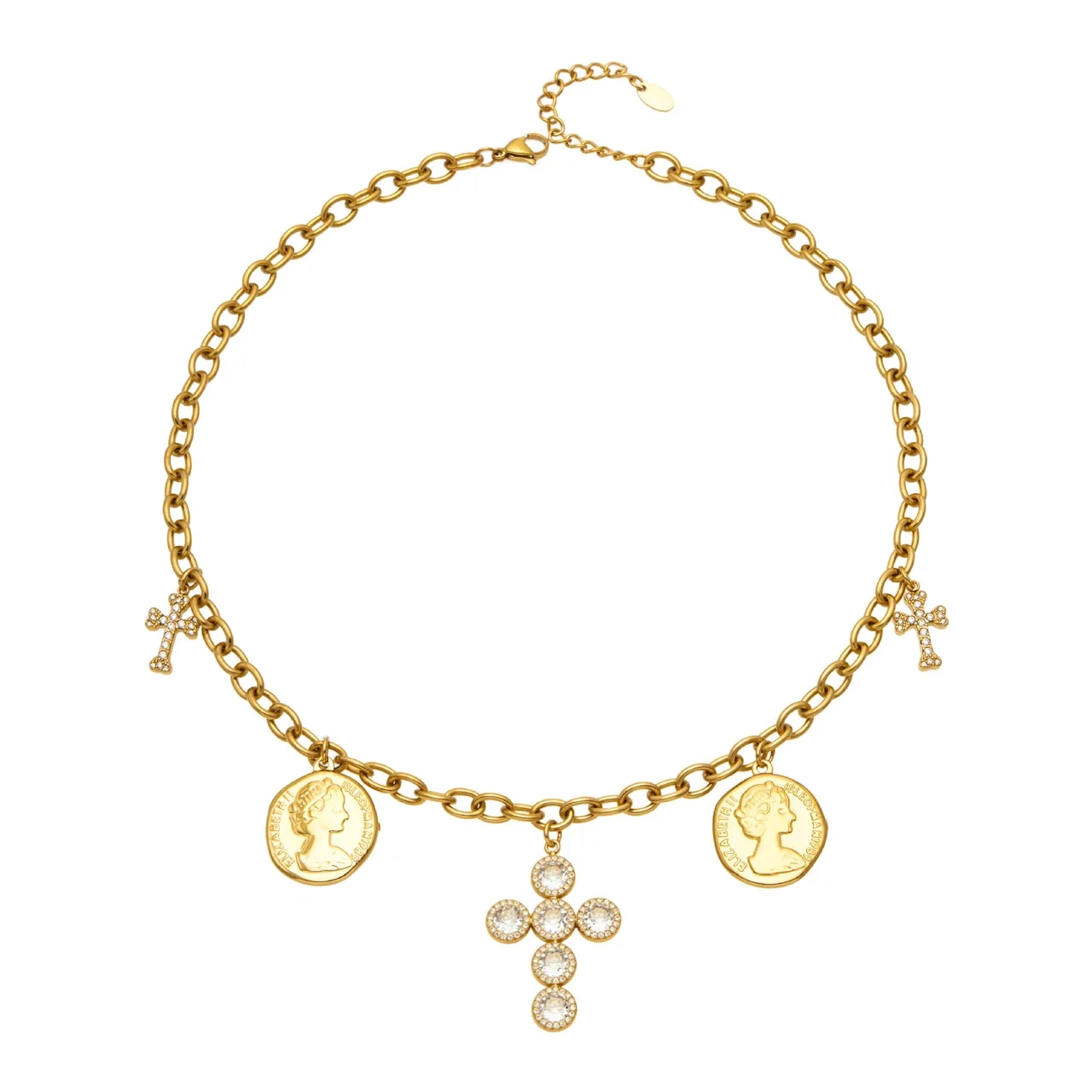 Coin Charm 18K Gold PVD 316L Stainless Steel CZ Cross Necklace