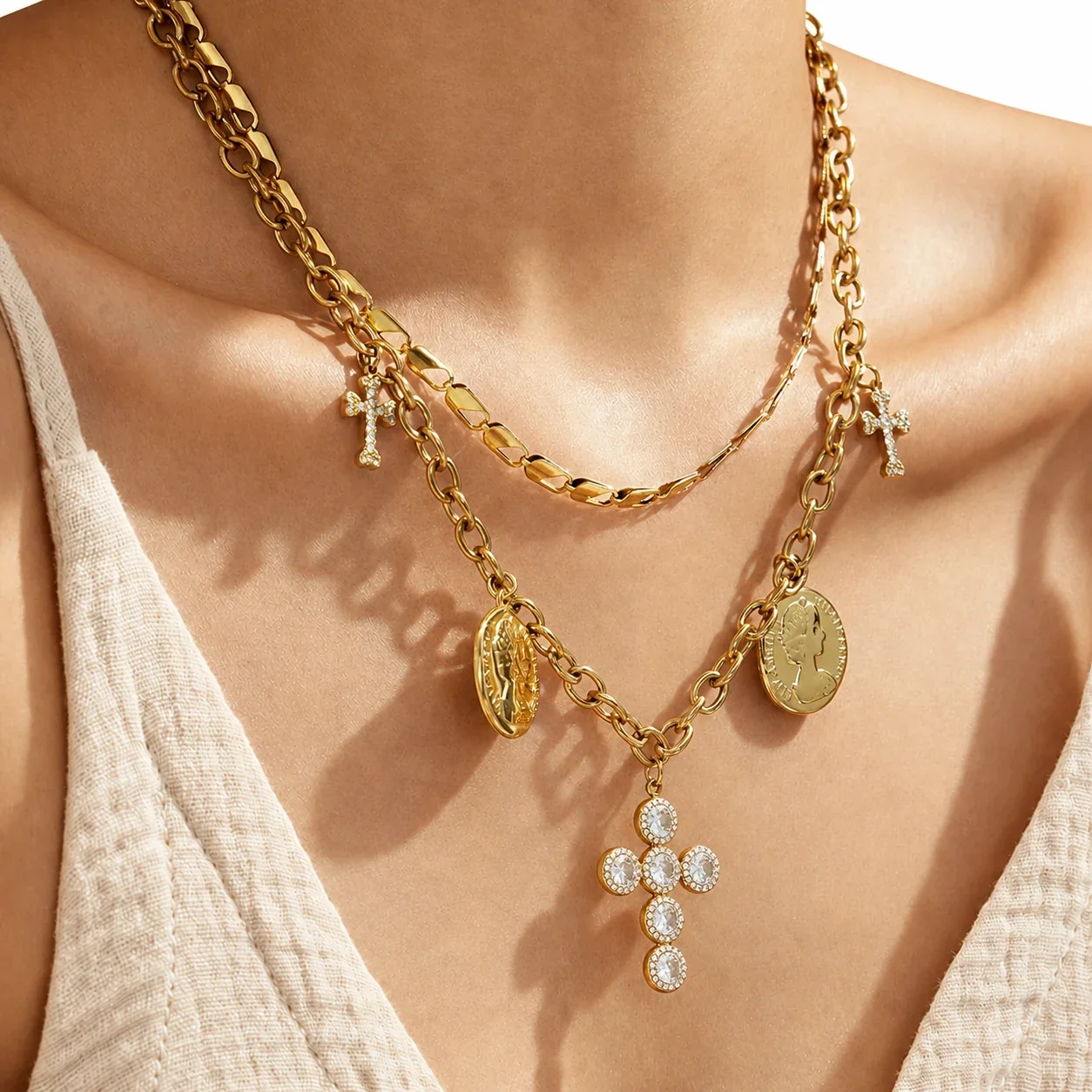 Coin Charm 18K Gold-Plated 316L CZ Cross Necklace