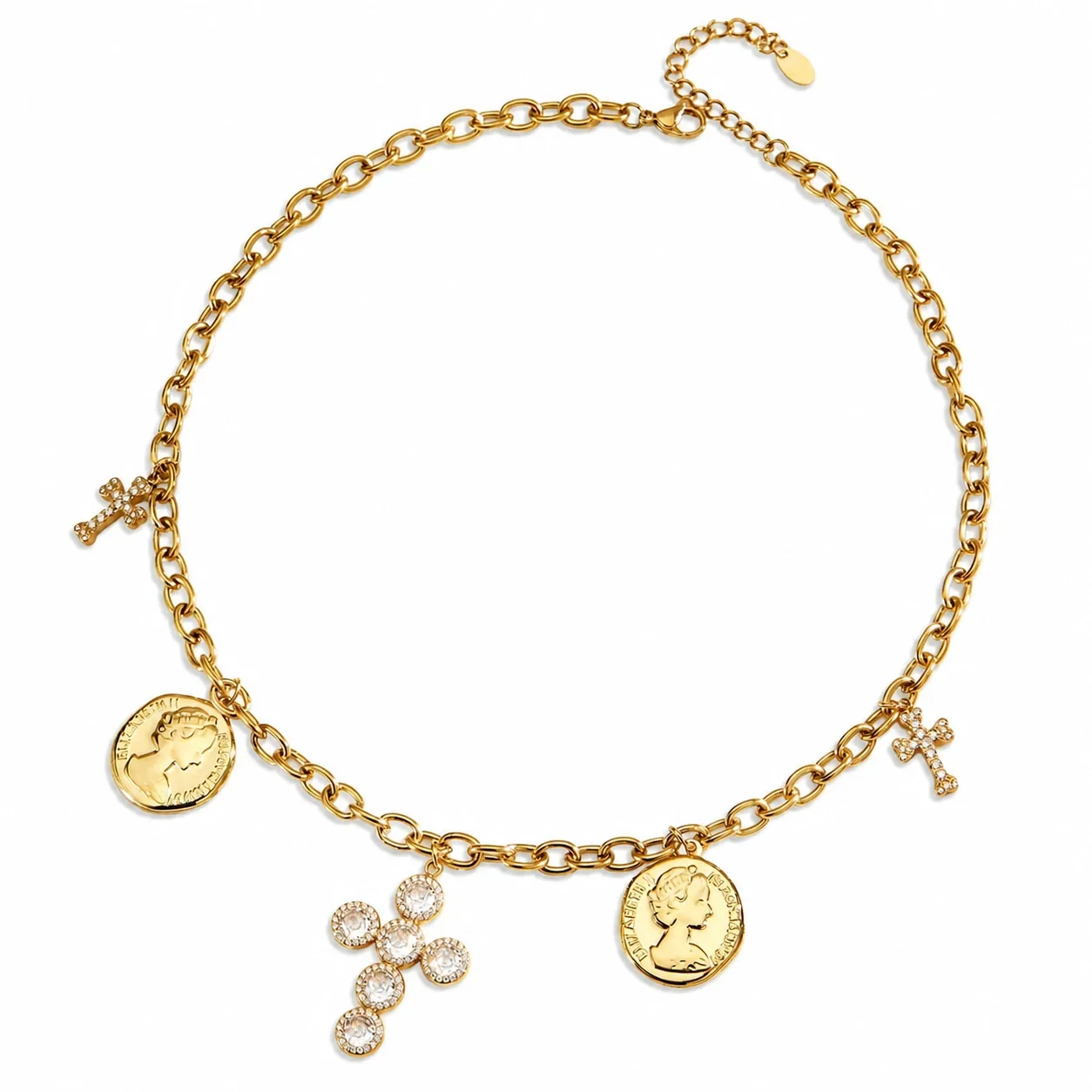 Coin Charm 18K Gold-Plated 316L CZ Cross Necklace