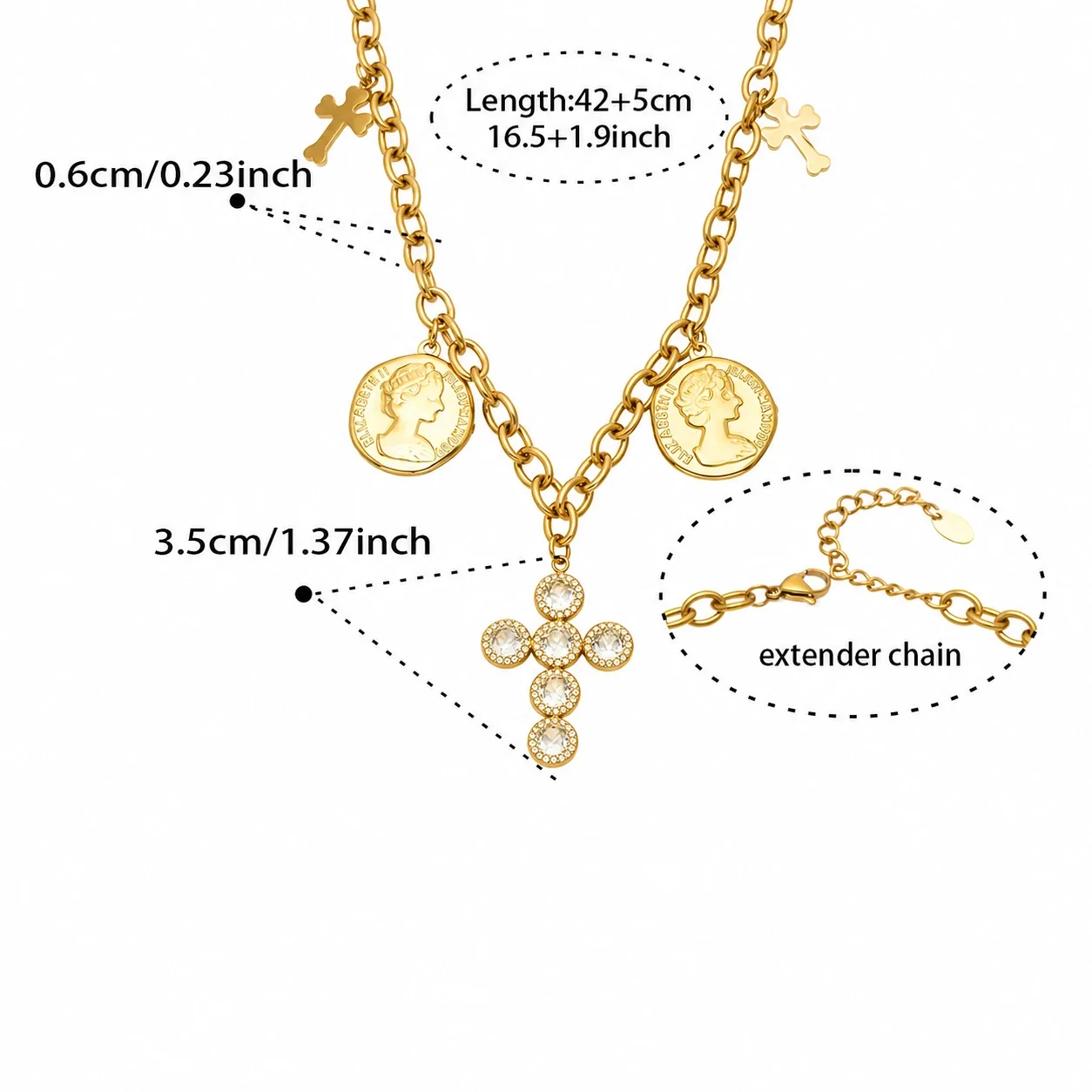 Coin Charm 18K Gold-Plated 316L CZ Cross Necklace - Gold