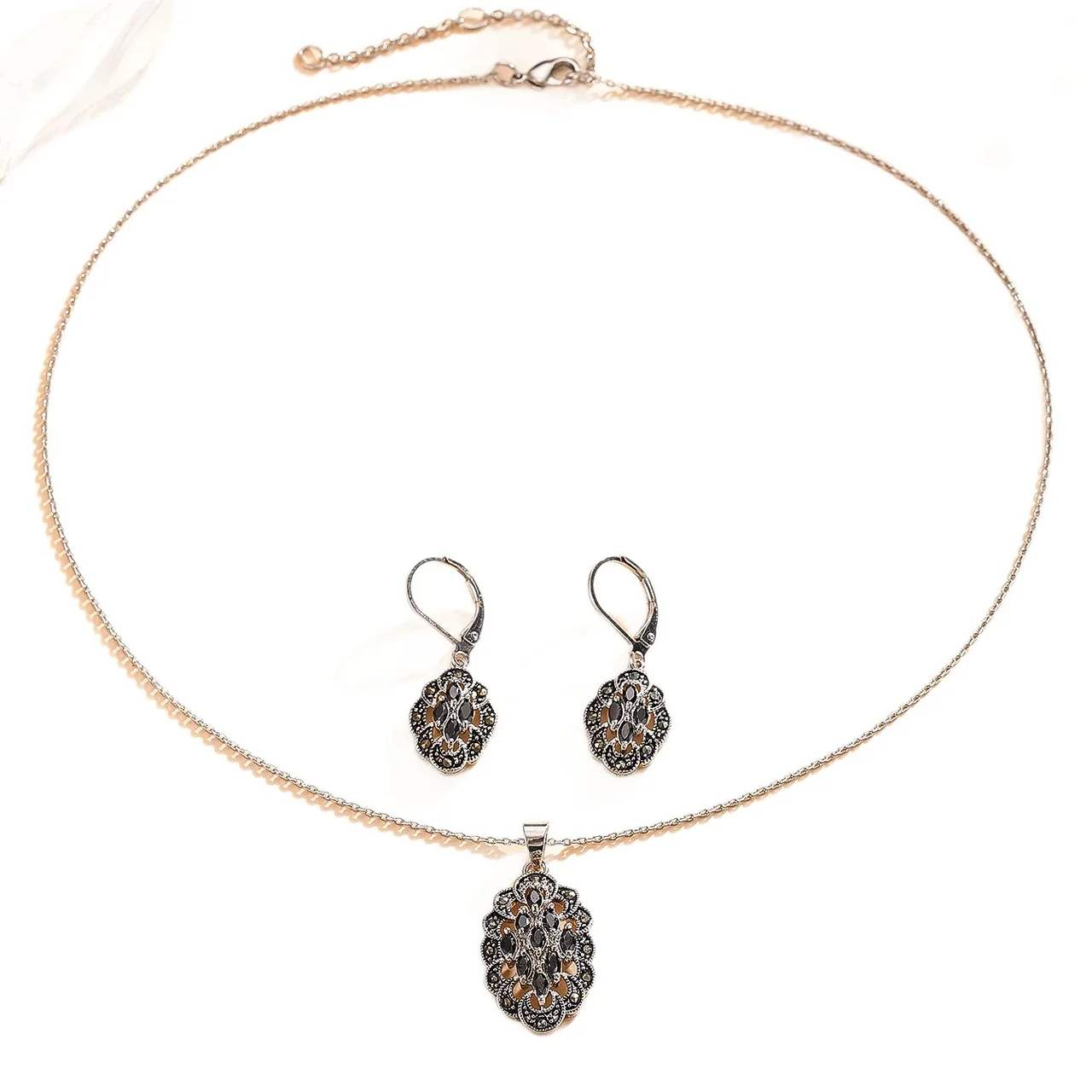 Ornate Stainless Steel Black CZ Oval Filigree Jewelry Set