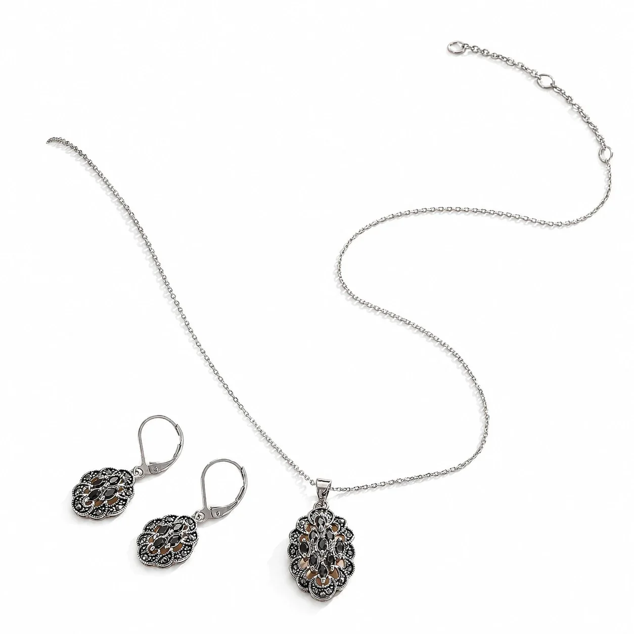 Ornate Stainless Steel Black CZ Oval Filigree Jewelry Set