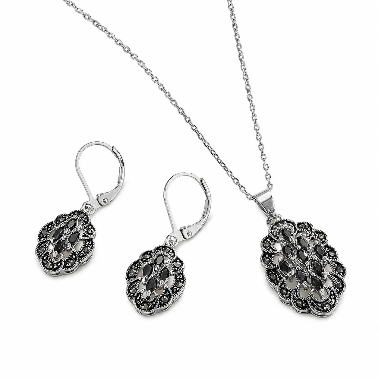 Ornate Stainless Steel Black CZ Oval Filigree Jewelry Set
