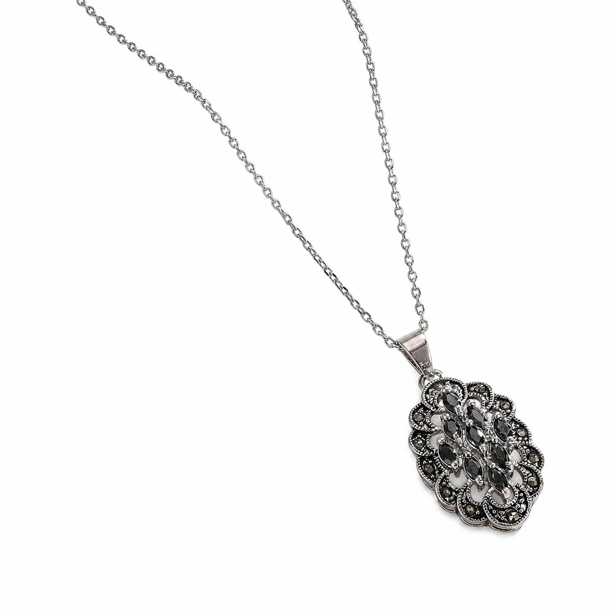 Ornate Stainless Steel Black CZ Oval Filigree Jewelry Set