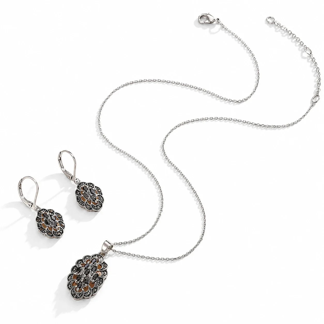 Ornate Stainless Steel Black CZ Oval Filigree Jewelry Set
