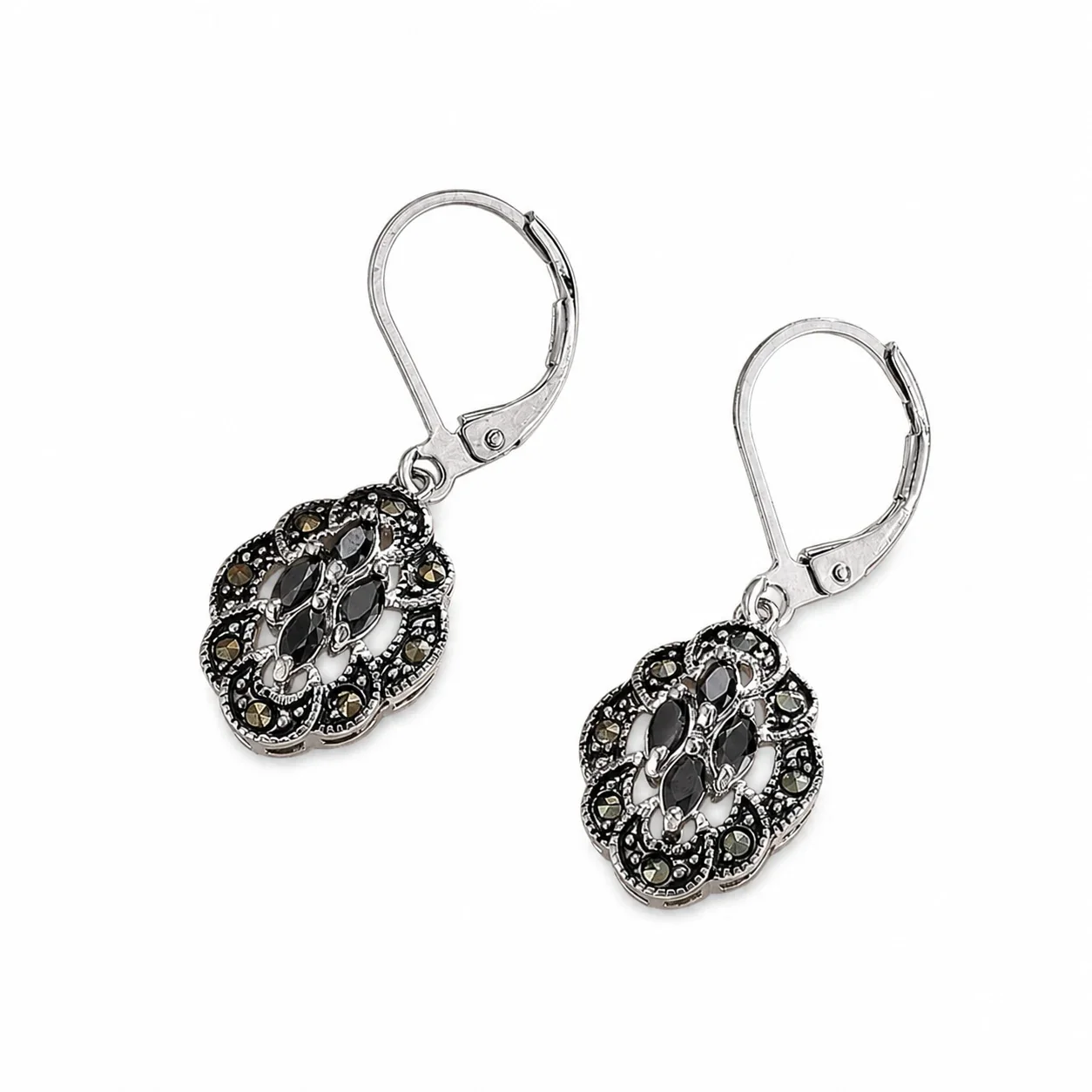 Ornate Stainless Steel Black CZ Oval Filigree Jewelry Set - Earrings