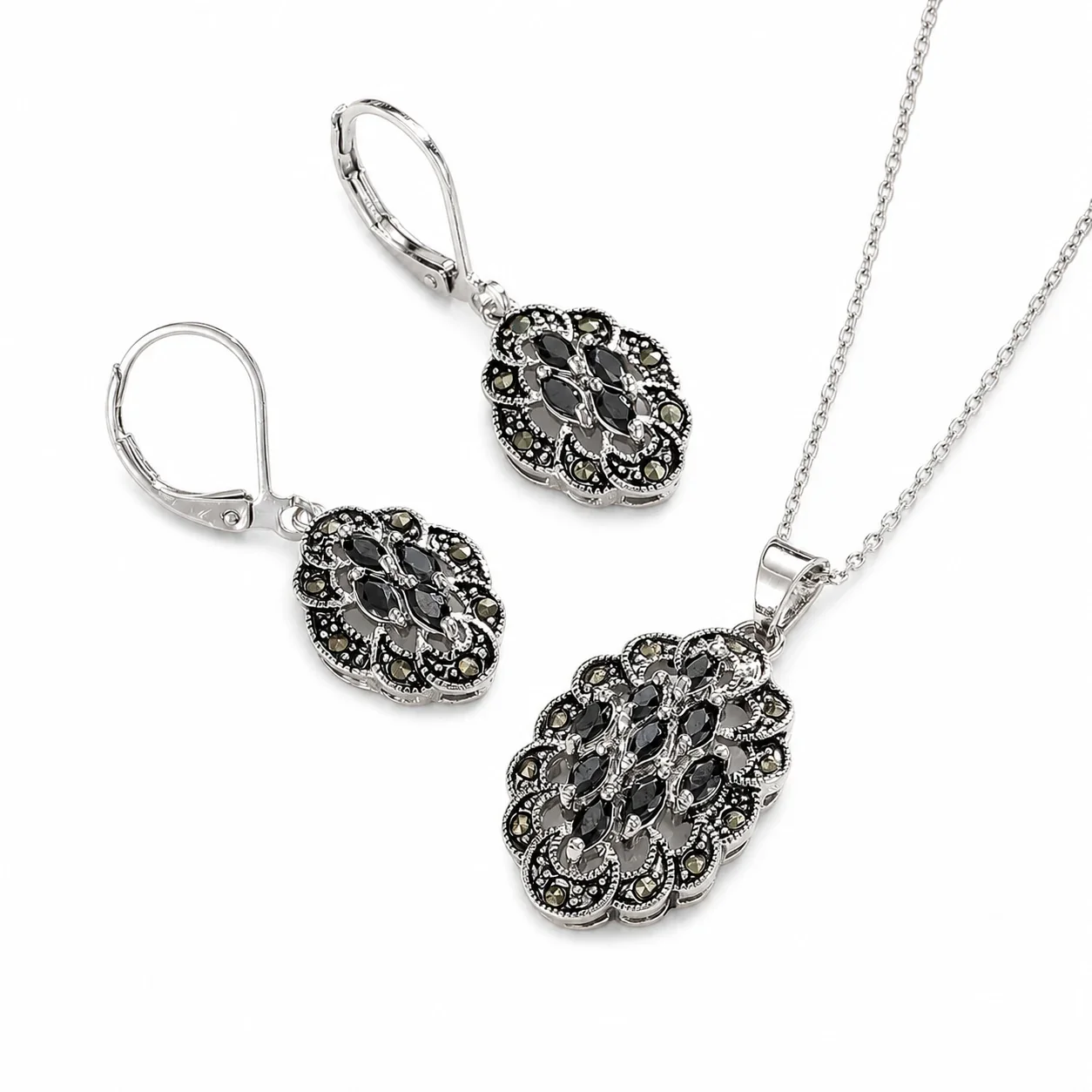 Ornate Stainless Steel Black CZ Oval Filigree Jewelry Set - and