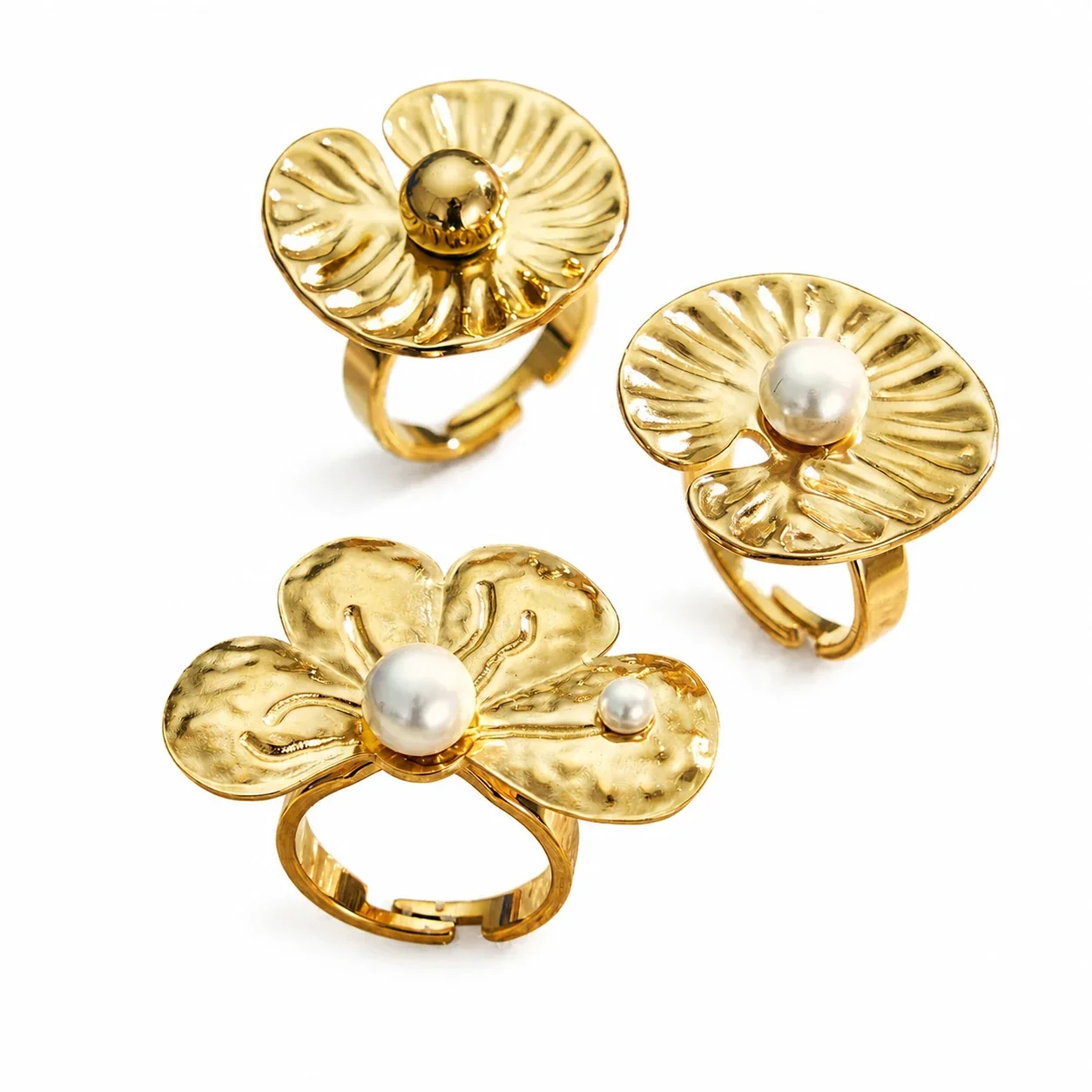 Sculptural 18K Gold PVD 316L Stainless Steel Petal Pearl-Effect Ring