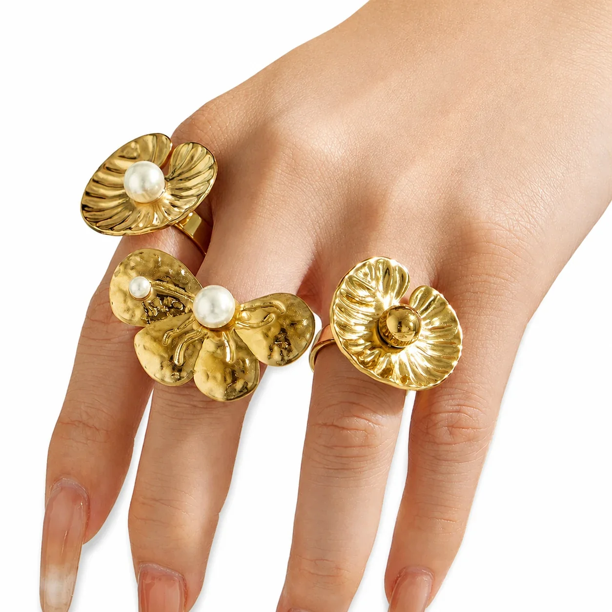 Sculptural 18K Gold-Plated 316L Petal Pearl-Effect Ring