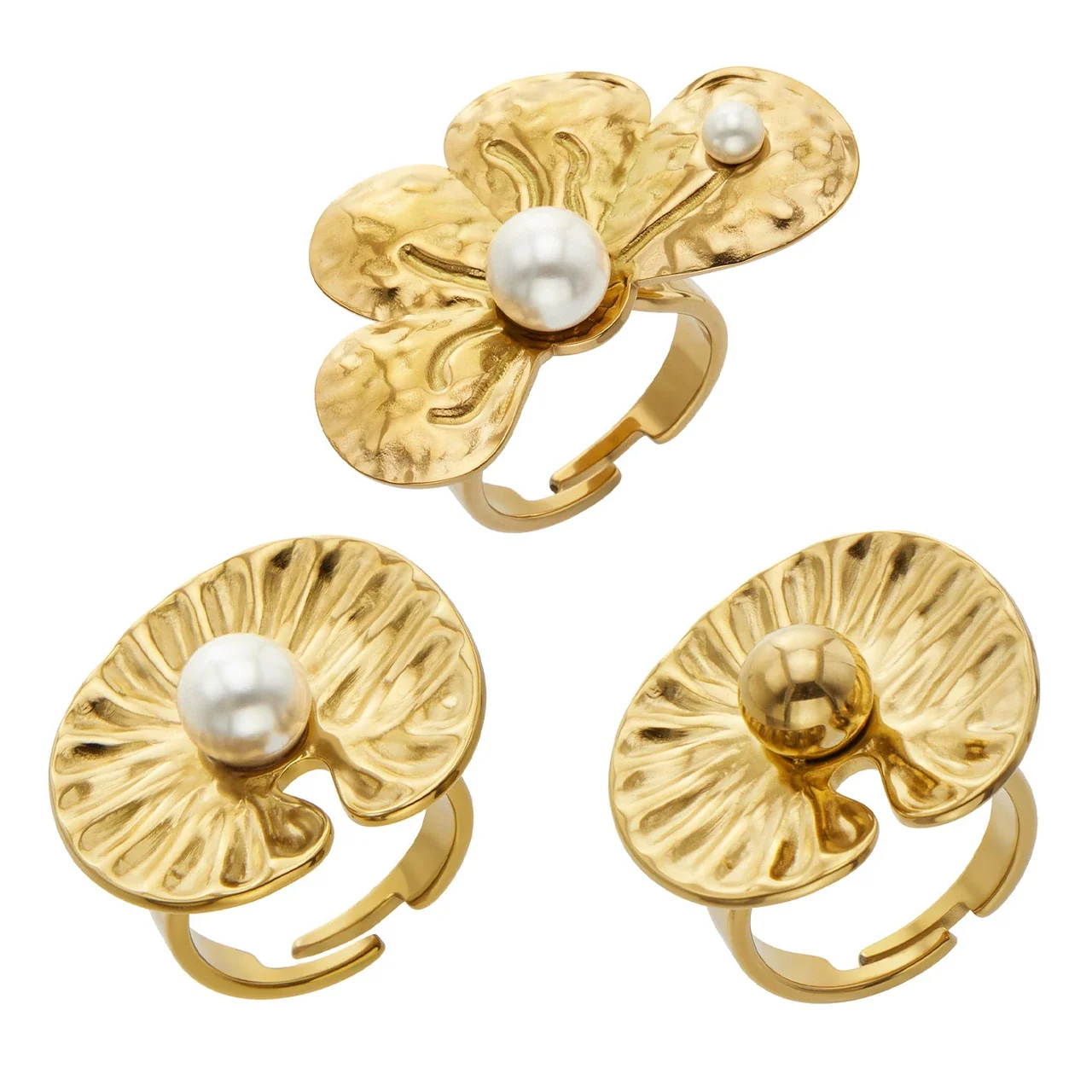 Sculptural 18K Gold-Plated 316L Petal Pearl-Effect Ring