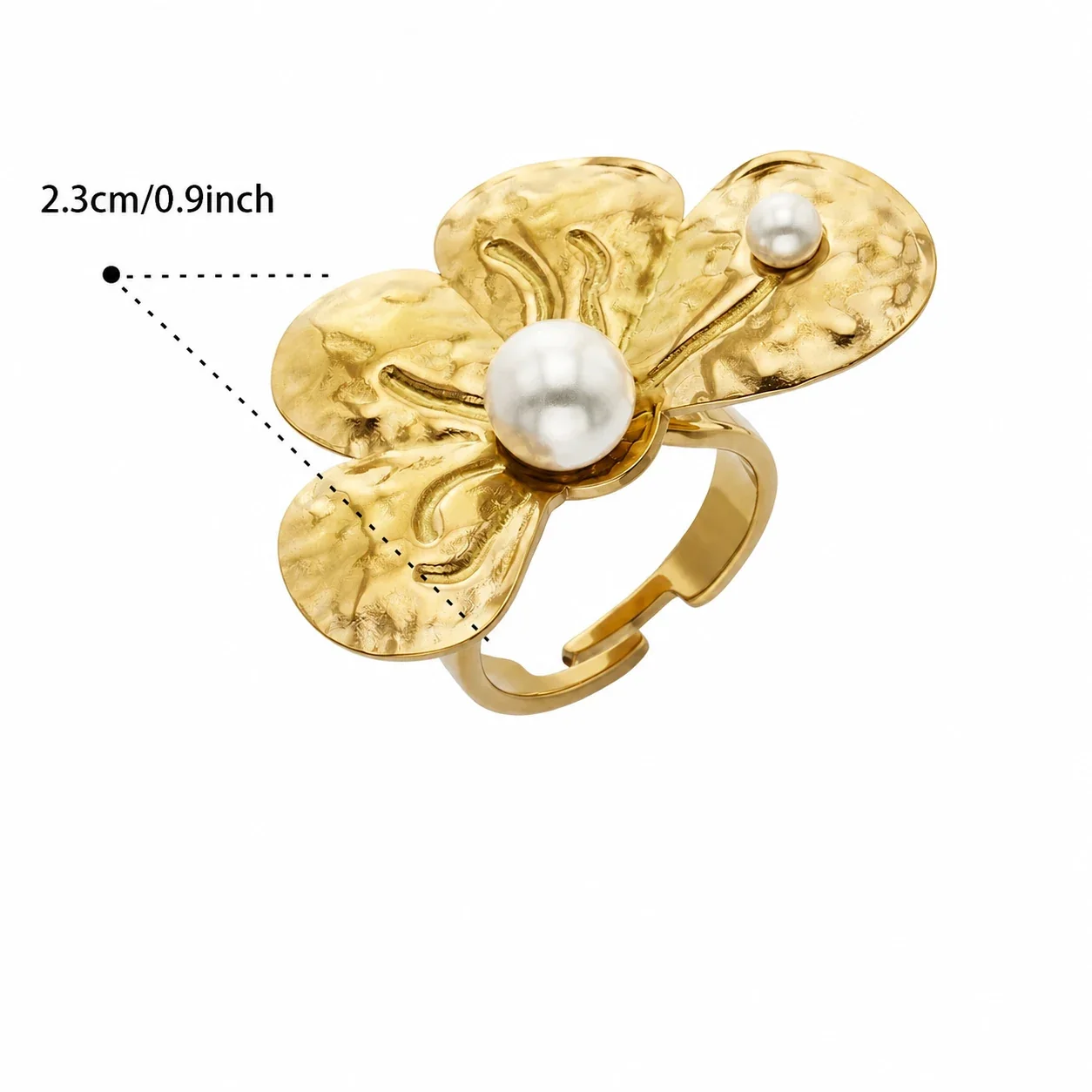 Sculptural 18K Gold-Plated 316L Petal Pearl-Effect Ring - Gold Half-Flower Pearl-Effect