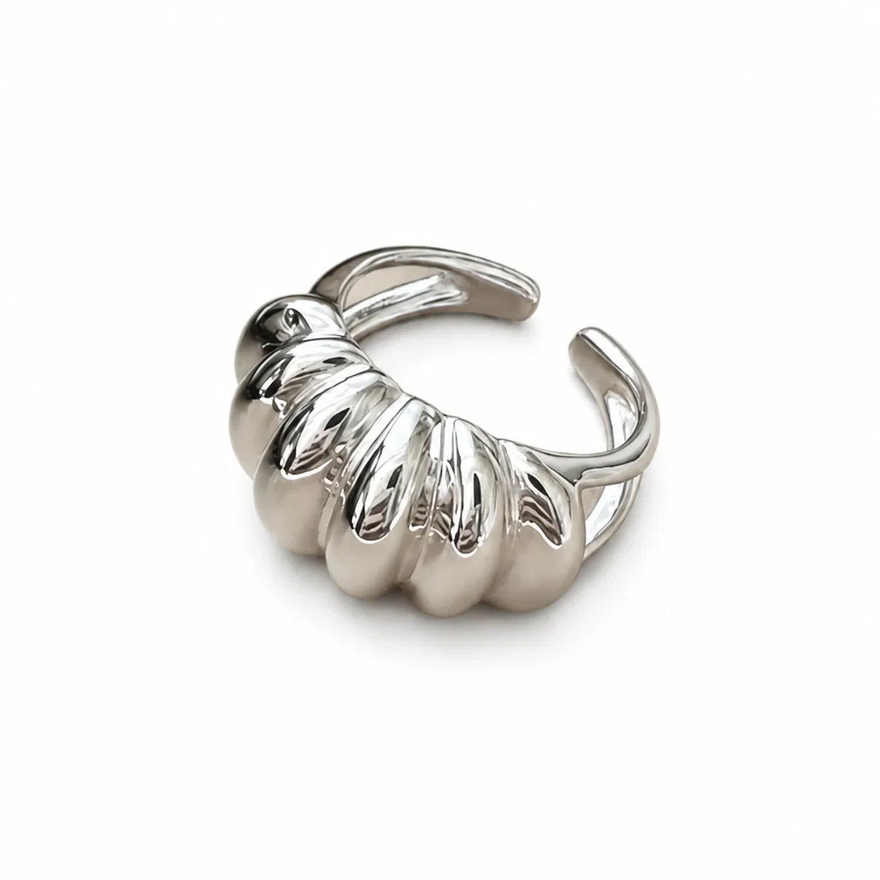Sculptural Stainless Steel Croissant Ribbed Open Ring