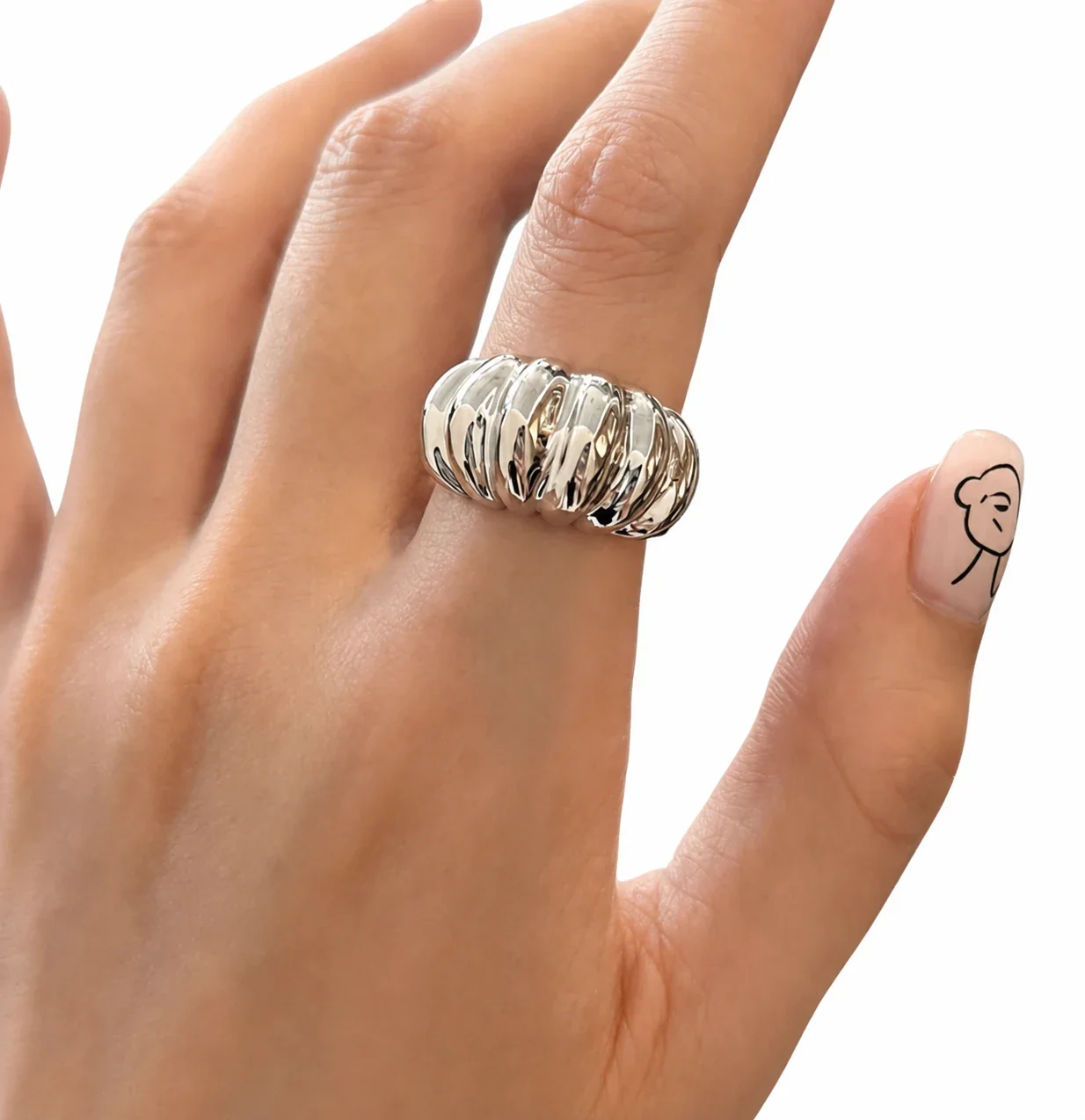 Sculptural Stainless Steel Croissant Ribbed Open Ring
