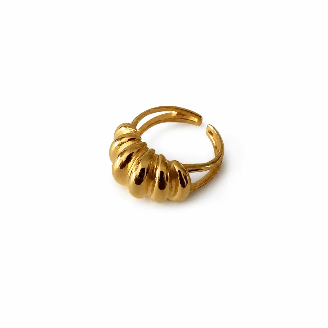 Sculptural Stainless Steel Croissant Ribbed Open Ring