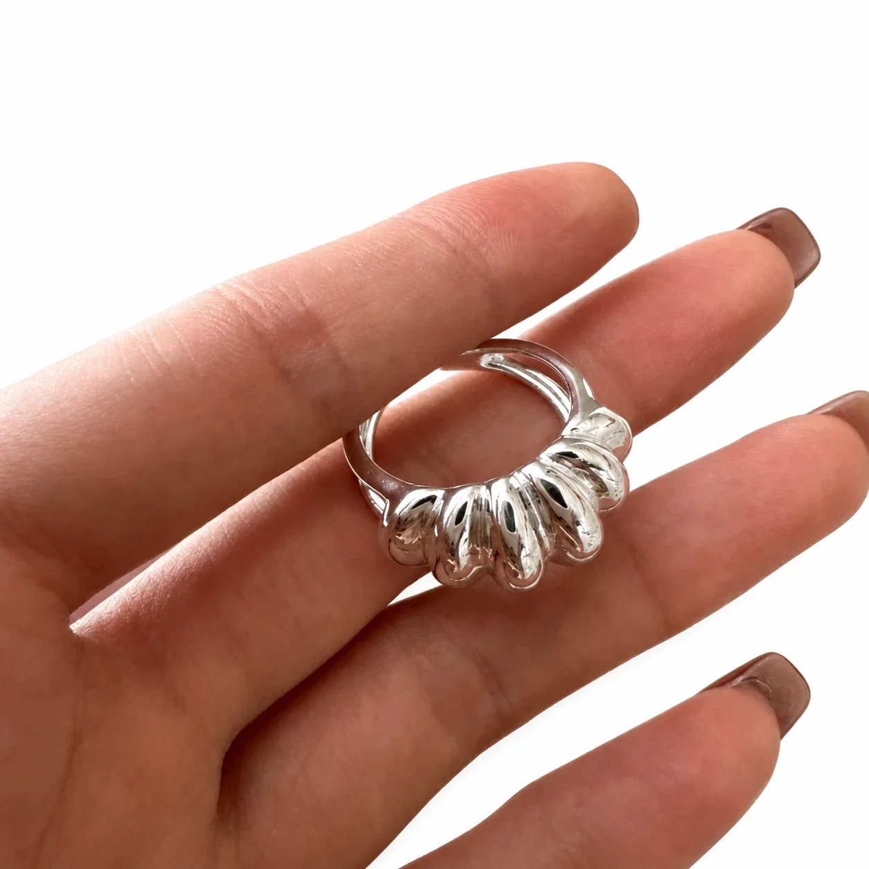 Sculptural Stainless Steel Croissant Ribbed Open Ring