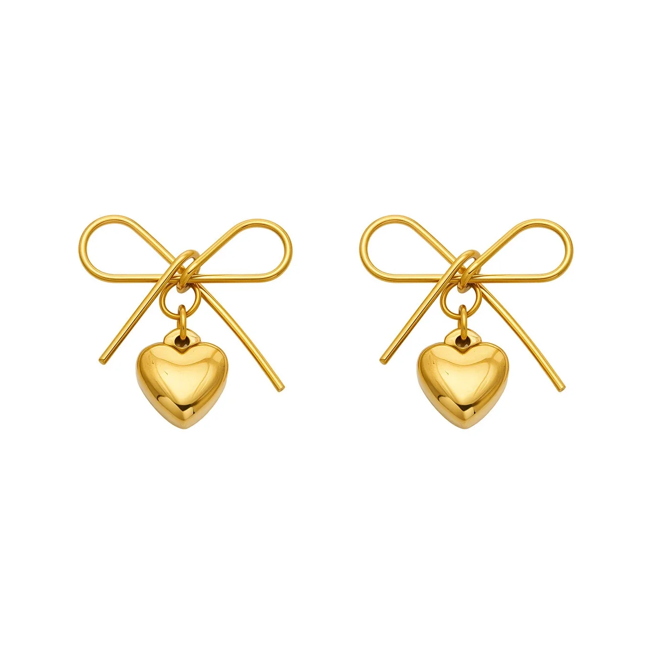 Bow Heart Drop Earrings in Stainless Steel Gold PVD