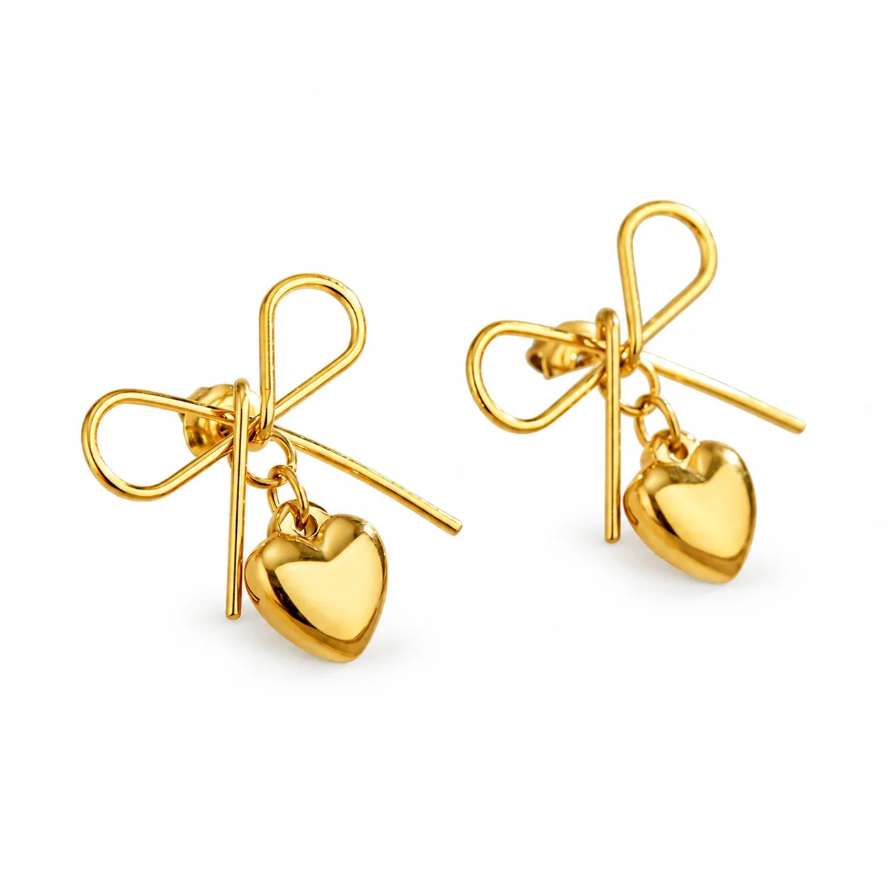 Bow Heart Drop Earrings in Stainless Steel Gold PVD