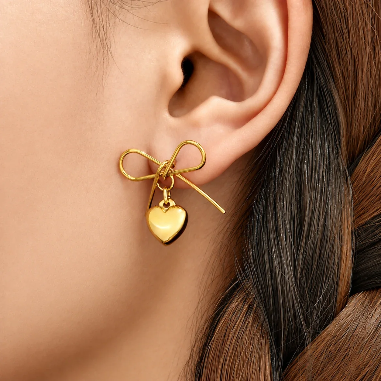 Bow Heart Drop Earrings in Stainless Steel Gold PVD