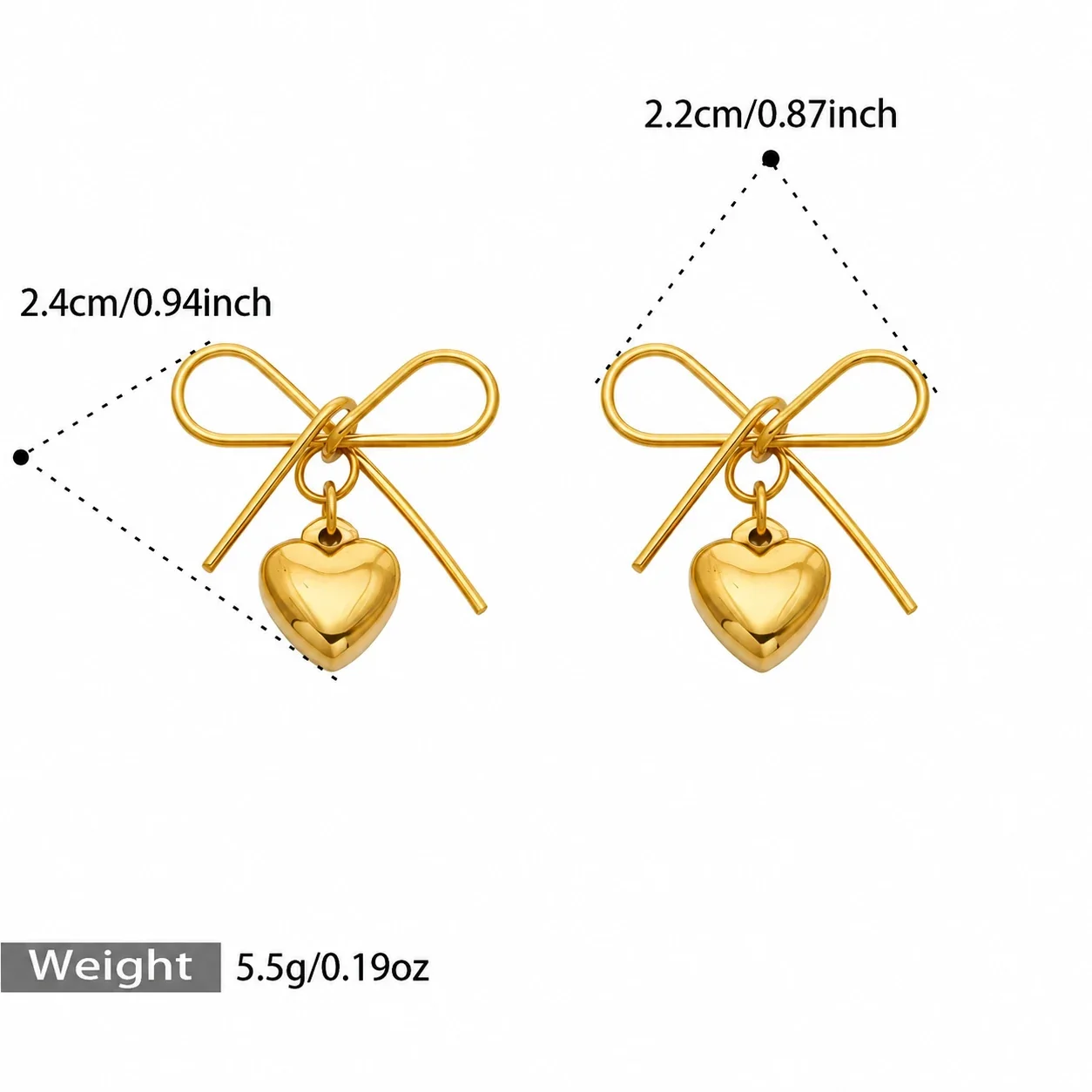 Bow Heart Drop Earrings in Stainless Steel Gold PVD - Gold