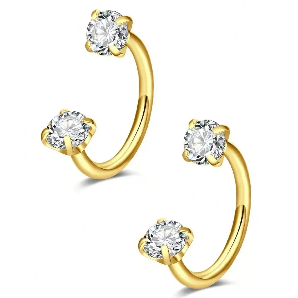 Polished 316 Stainless Steel CZ Horseshoe Nose Ring - Gold Round White CZ